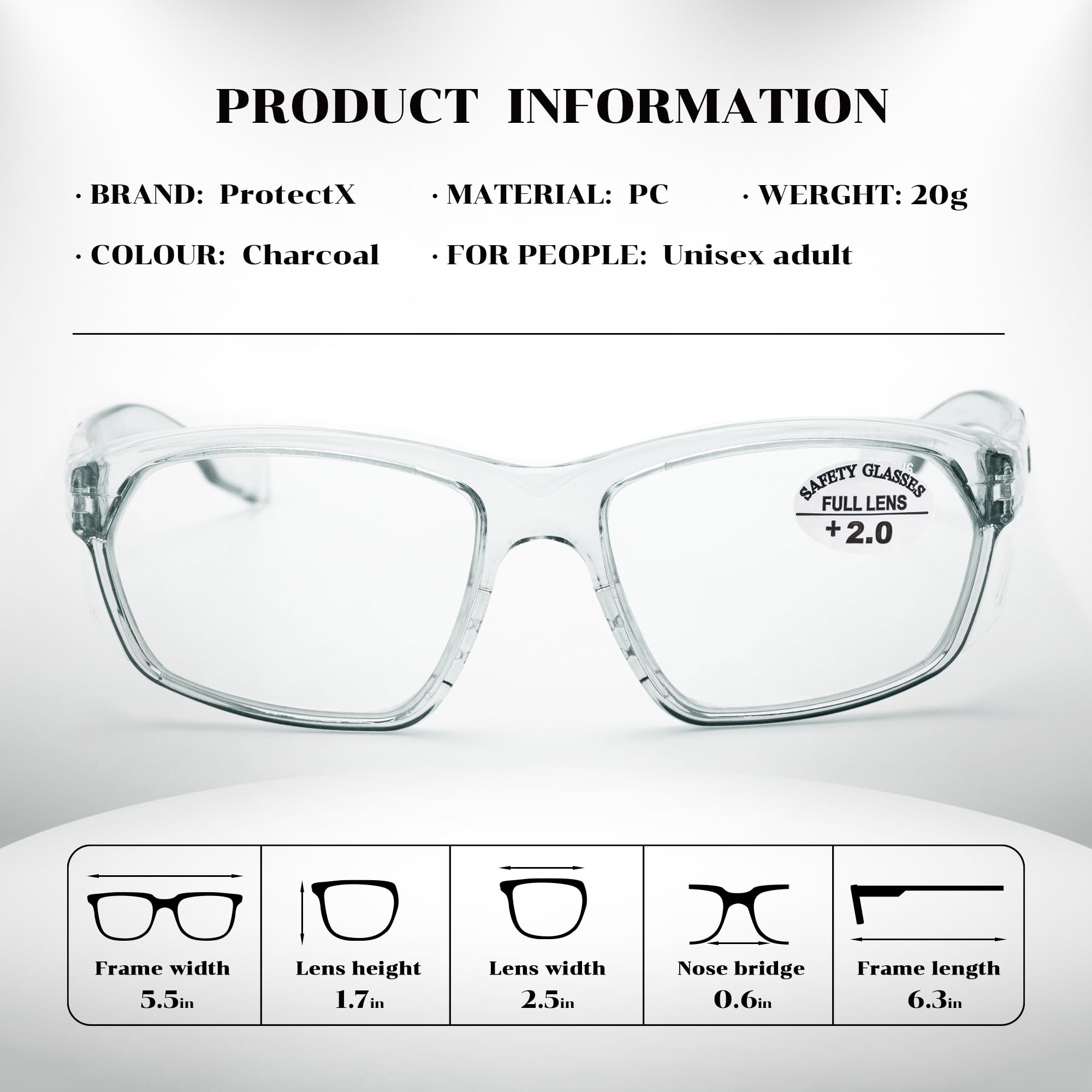 ProtectX Elegantes gafas de seguridad antivaho y resistentes a los arañazos con lectores, gafas de protección UV, gafas ligeras antiimpacto para hombres y mujeres, color carbón de lectura 2.0