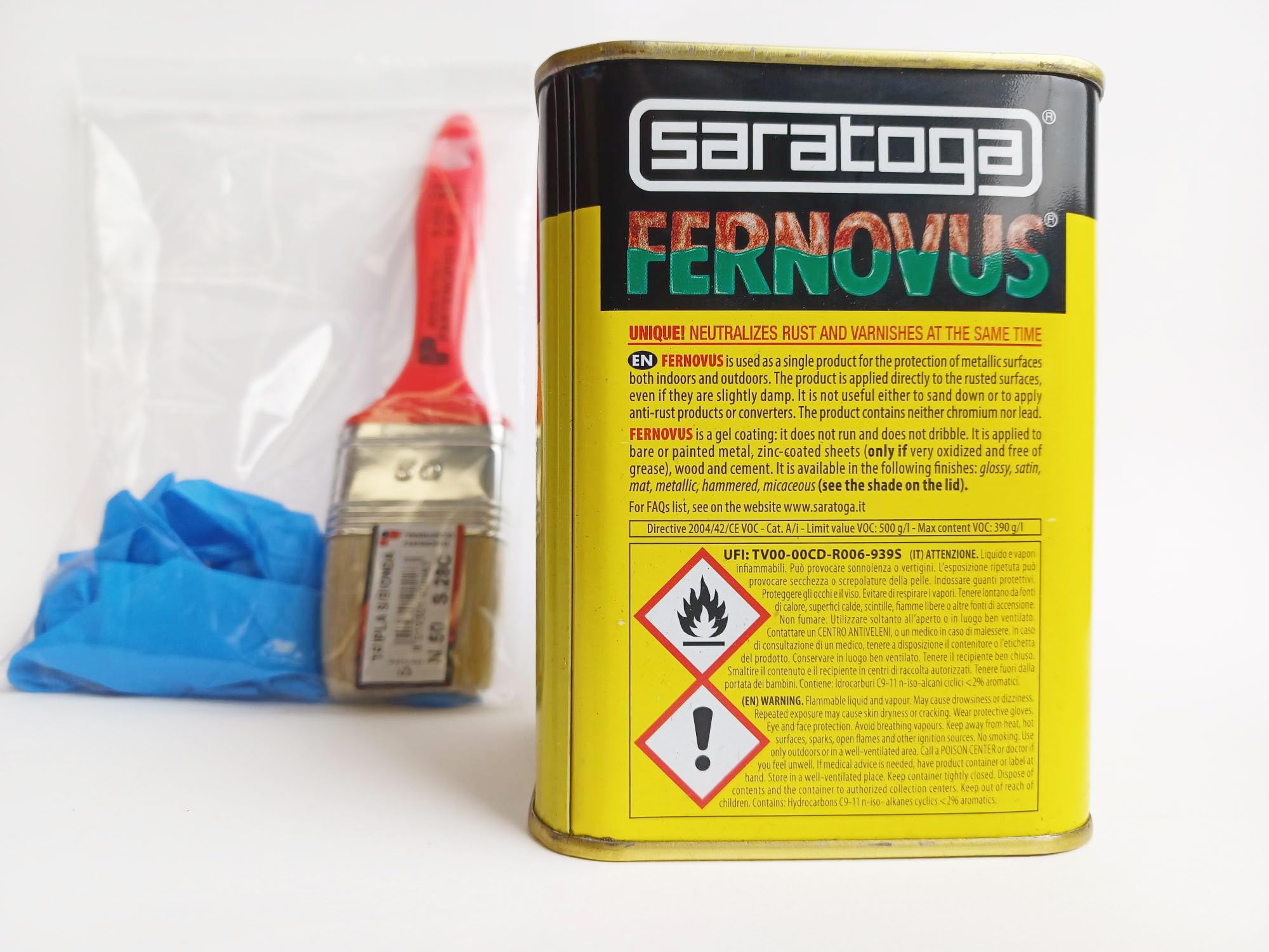 DMS Fernovus colore Tabacco Brillante Gel Vernice Smalto Antiruggine in conf da 750 ml con guanti nitrile e pennello inclusi!!! Bundle