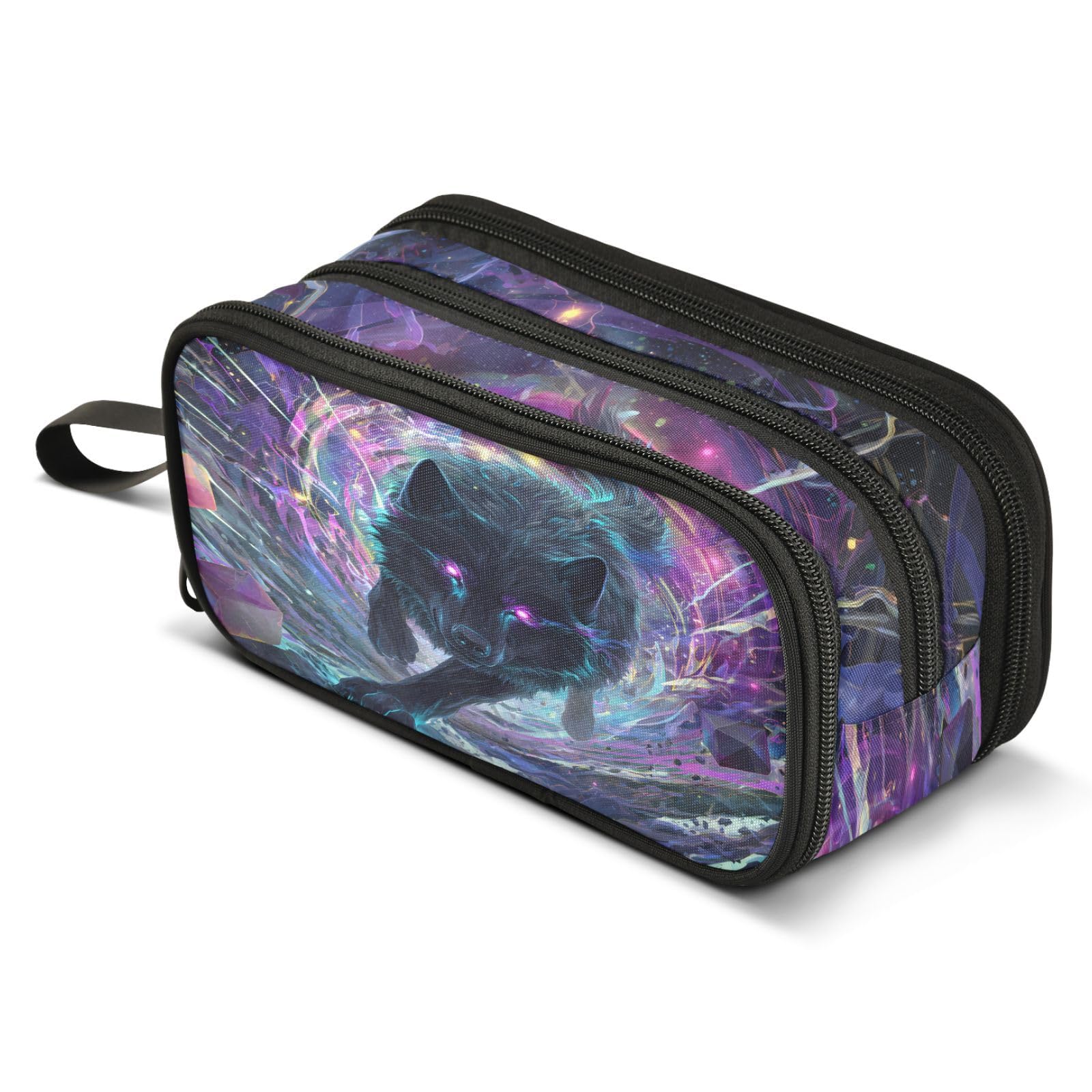 Black Wolf Purple Eyes Galaxy Pencil Case Large Capacity Pencil Pouch Box Boys Girls School Supplies Pen Case Bag with Handle 3 Compartments Zipper