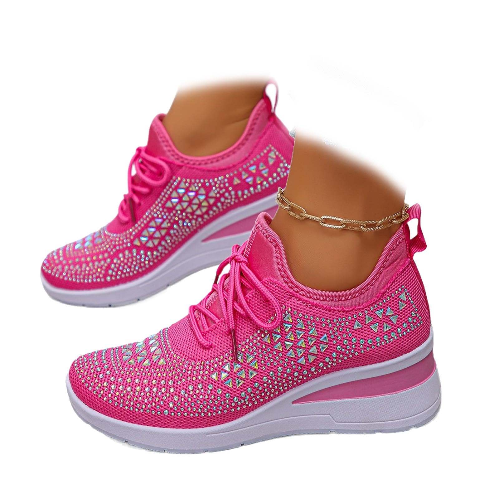 Donna Glittery Rhinestone Fashion Breathable Wedge Sneakers, Sparkly Platform Trainers Lightweight Comfy Slip On Walking Shoes, Rosa, 40 EU