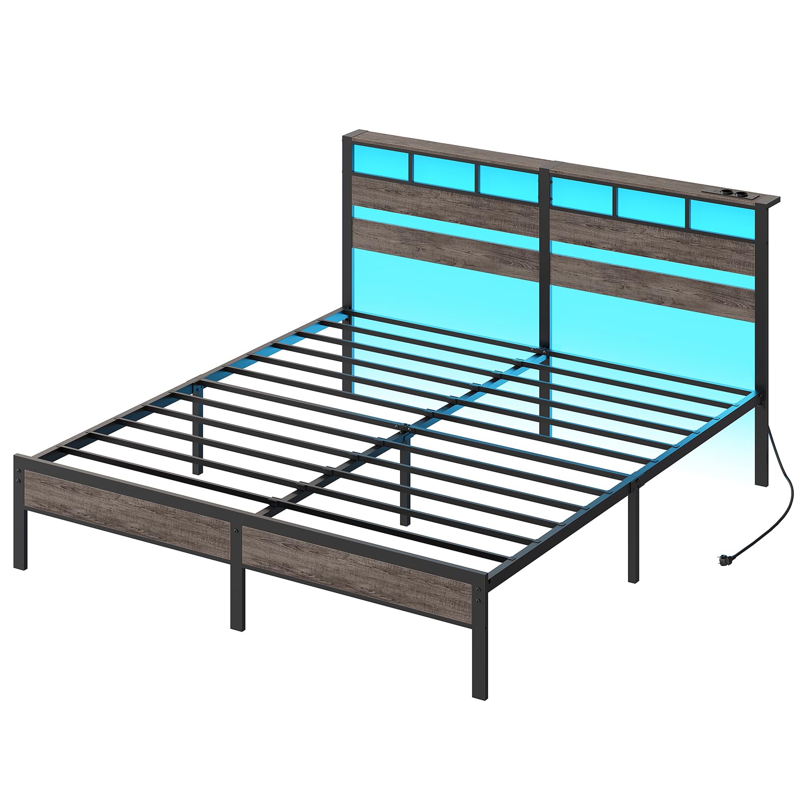 HOOBRO Cama 180 x 200 cm, Estructura Metálica con Ilminación LED, Enchufes y Espacio de Almacenaje, Cama Matrimonio con Cabecero, para Dormitorio, Color Negro Carbón EBC80CDBF01