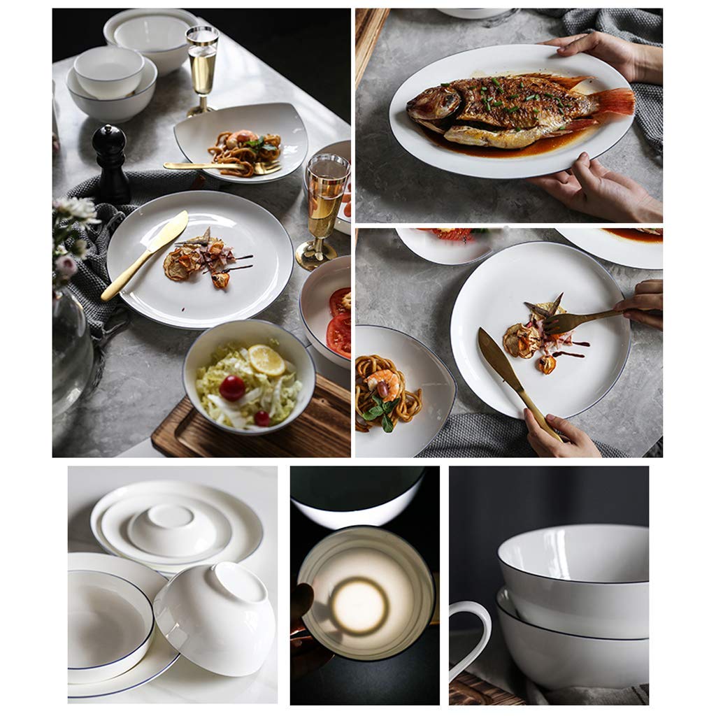 Stilvolle Essteller, Keramik-Geschirrset, 26-teiliges Set aus Tellern und Schüsseln aus Bone China/Porzellan-Geschirrset in Reinweiß mit blauem Rand