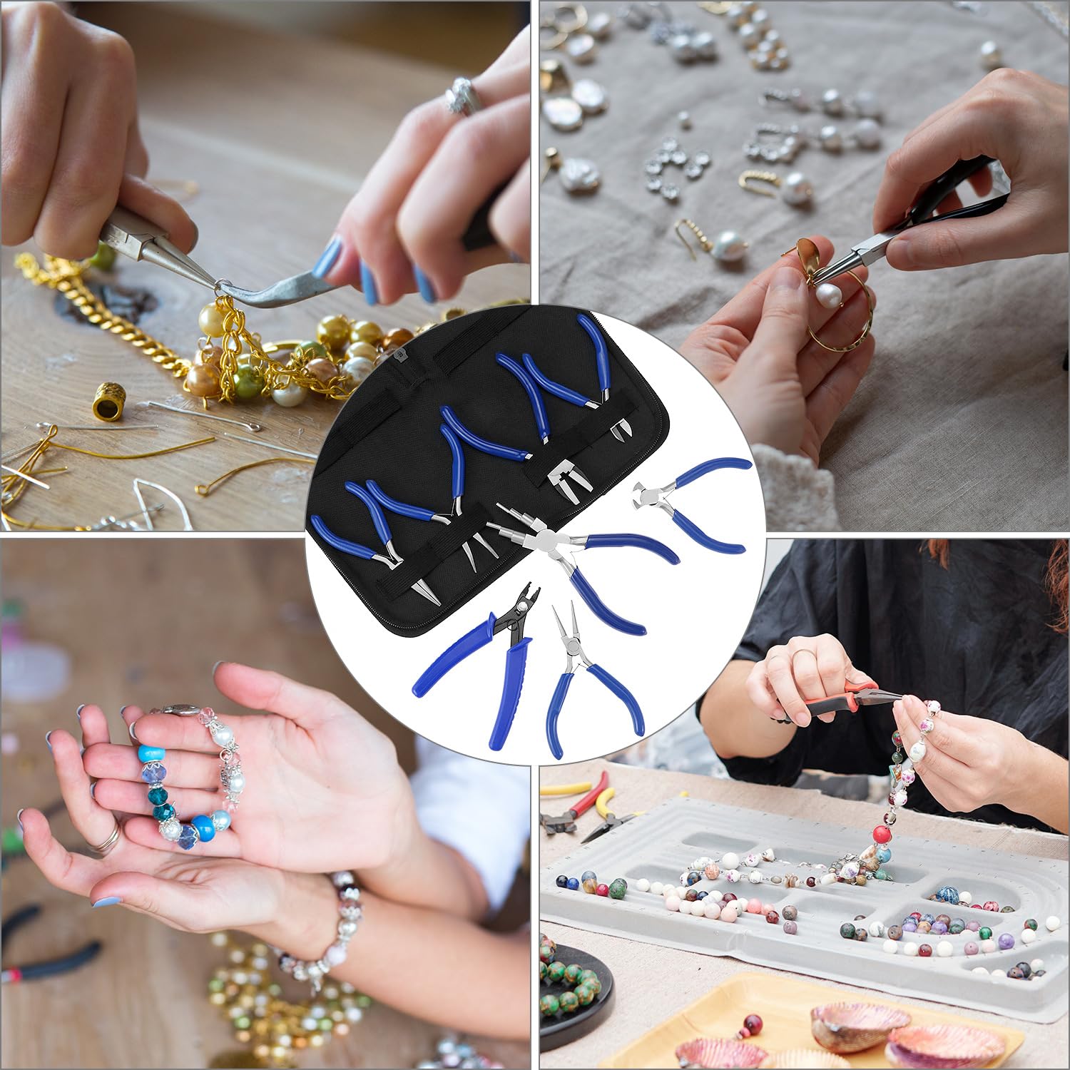 QWORK Lot de 8 pinces pour fabrication de bijoux avec sac de rangement, pour travaux manuels, réparation et projets de bricolage