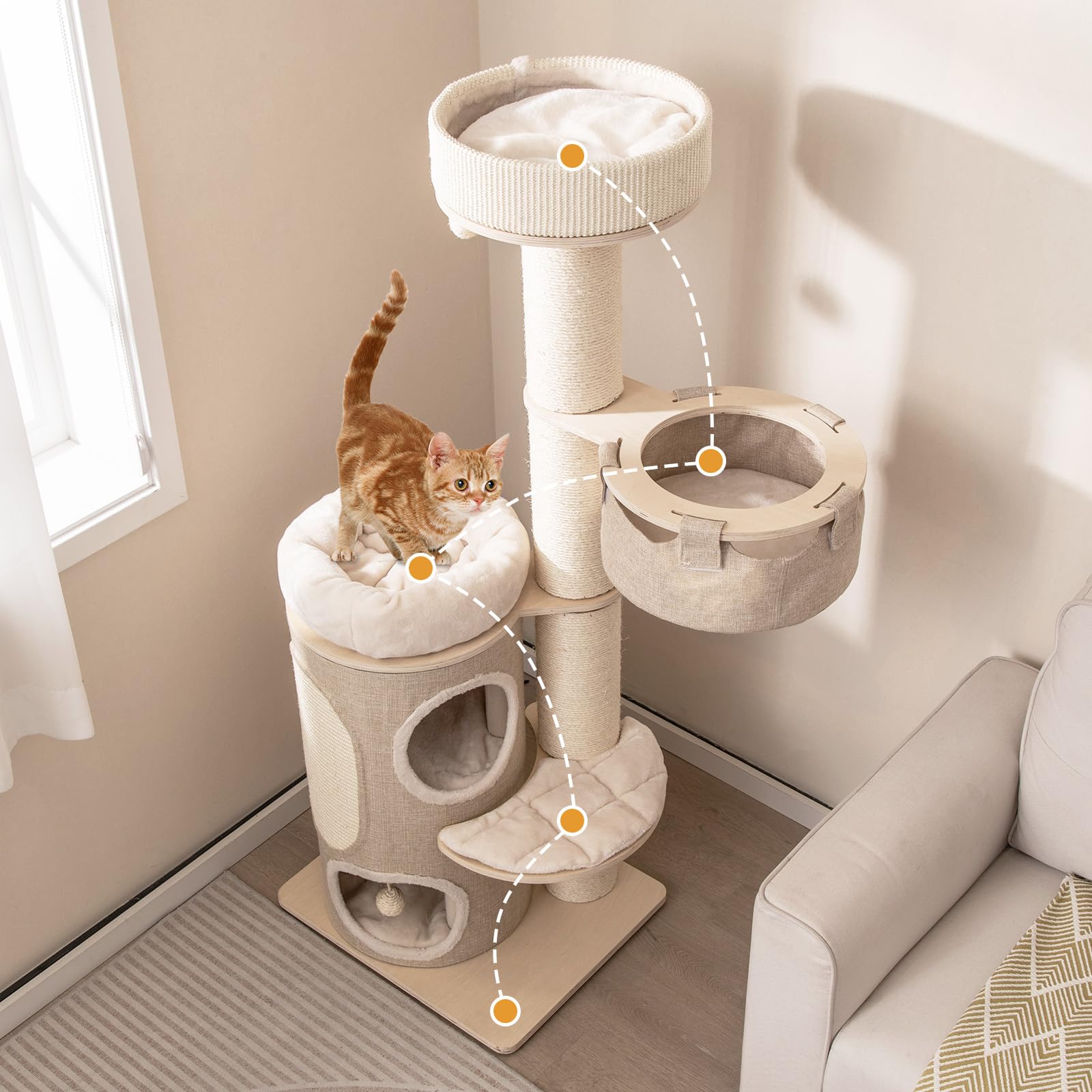 COSTWAY Kratzbaum, Katzenbaum mit 2-stöckiger Kratztonne, Hängematte, abnehmbarem Bett, Sisalbrett, Spielball, Katzenkratzbaum Katzen Katzenmöbel, Kletterbaum Aktivitätsbaum, Beige+Natur