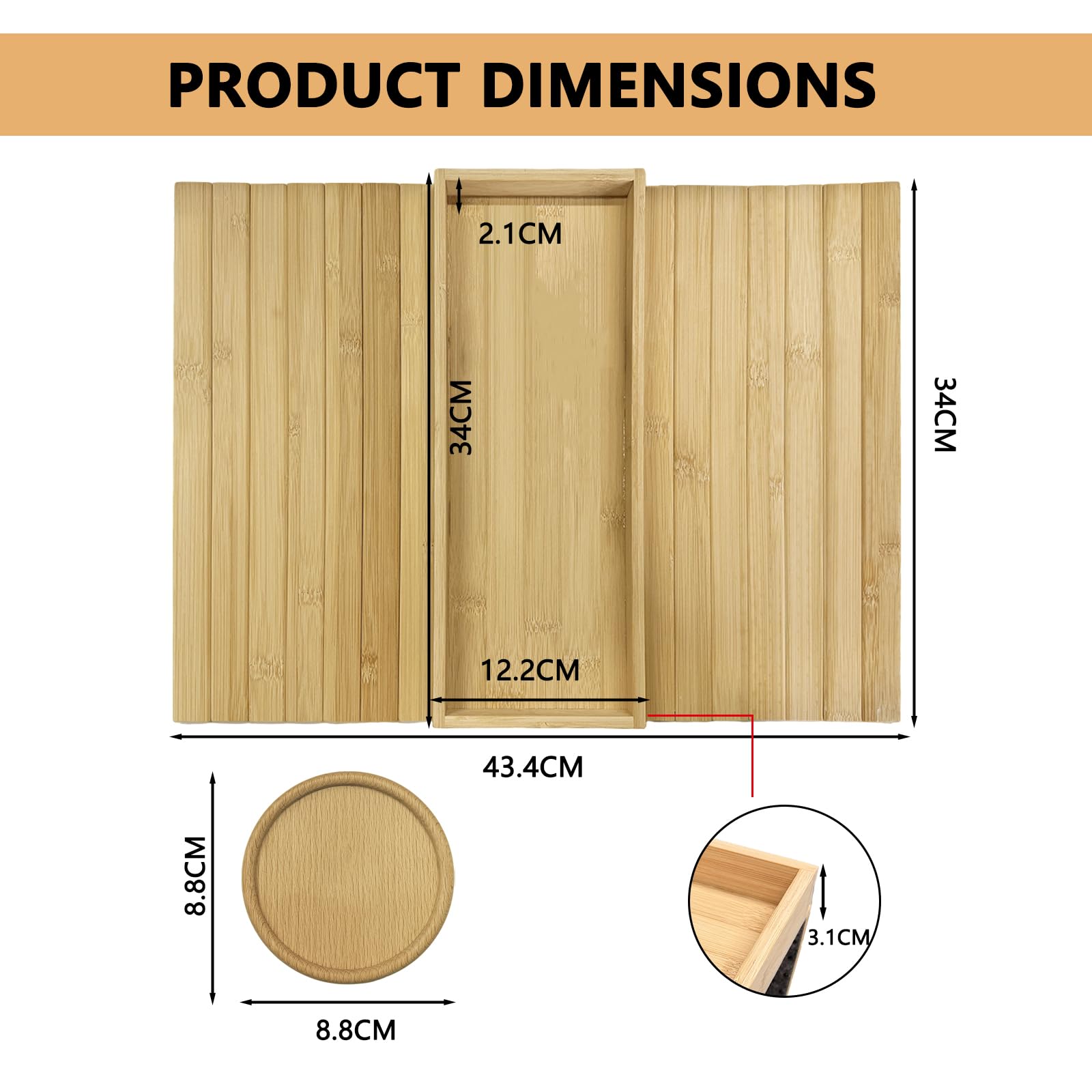 Vassoio per bracciolo in legno massiccio, tavolino salvaspazio per snack e bevande, scanalature antiscivolo, include 1 sottobicchiere in legno, organizer per bracciolo del divano