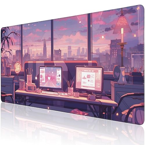 Extended Large Gaming Mouse Pad, Cute Pink Cyberpunk Lofi Large Desk Mat for Desktop, Non-Slip Rubber Base Stitched Edges Long Computer Keyboard Desk Pad Mouse Mat for Gaming Home Office 35.4"X15.7" - Cute Pink Cyberpunk Lofi