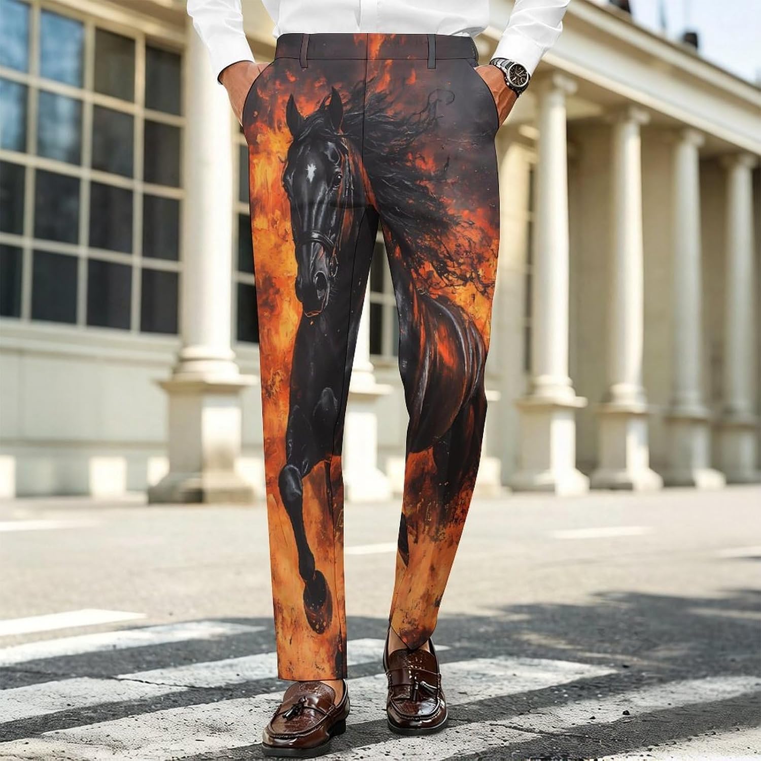 Galloping Horse Men's Classic Fit Suit Pants Straight Leg Design Printed Trousers