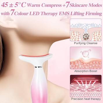 Neck Face Lifting Device, 7 LED Facial Massager with 45°C EMS Microcurrent Massage 6 Modes 3 Intensity Levels, Skin Tightening Lift Device, Anti-Wrinkle, Skin Tightening for Face Neck Eye Body Care