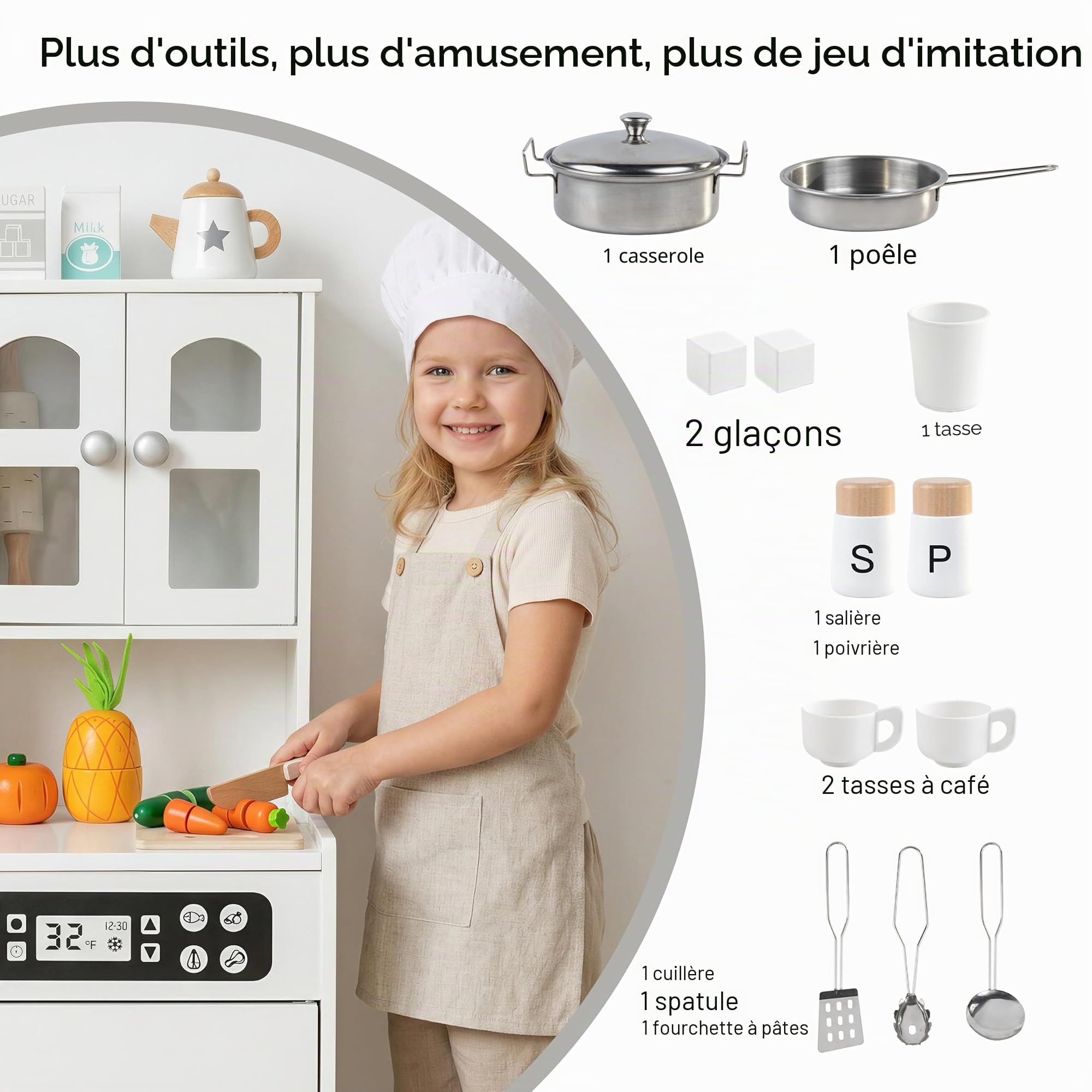 Cuisine de jeu en bois pour tout-petits et enfants avec lumières et sons, grand ensemble de jeu interactif avec machine à glaçons, cuisinière, évier, four, 12 accessoires, 3 à 8 ans