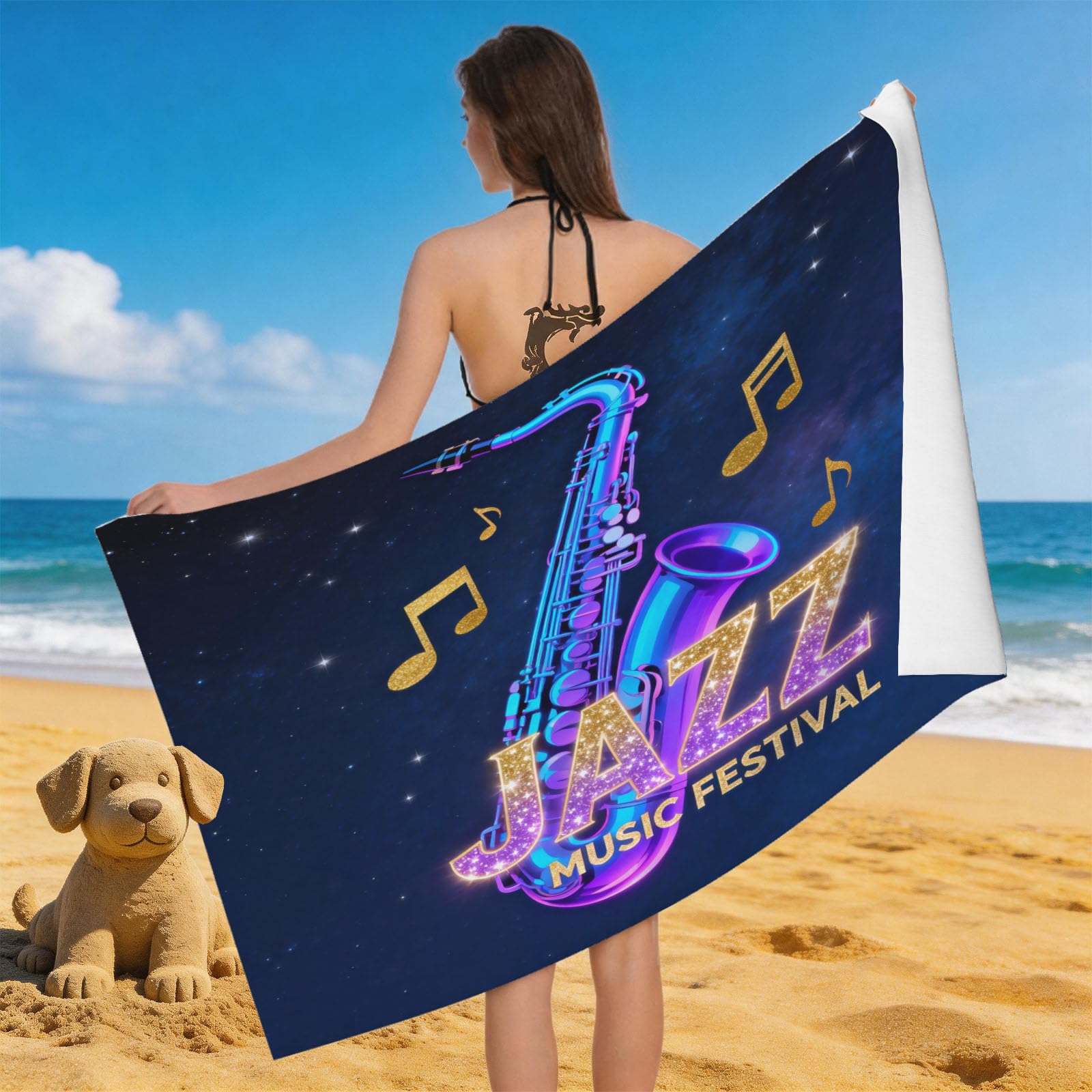 Leichong 3D Cartoon Saxophone Beach Towel Microfiber Soft Quick Dry for Adults, Starry Sky Bath Towel Lightweight Soft Absorbent for Travel Swimming Pool Sports, 75 x 150 cm