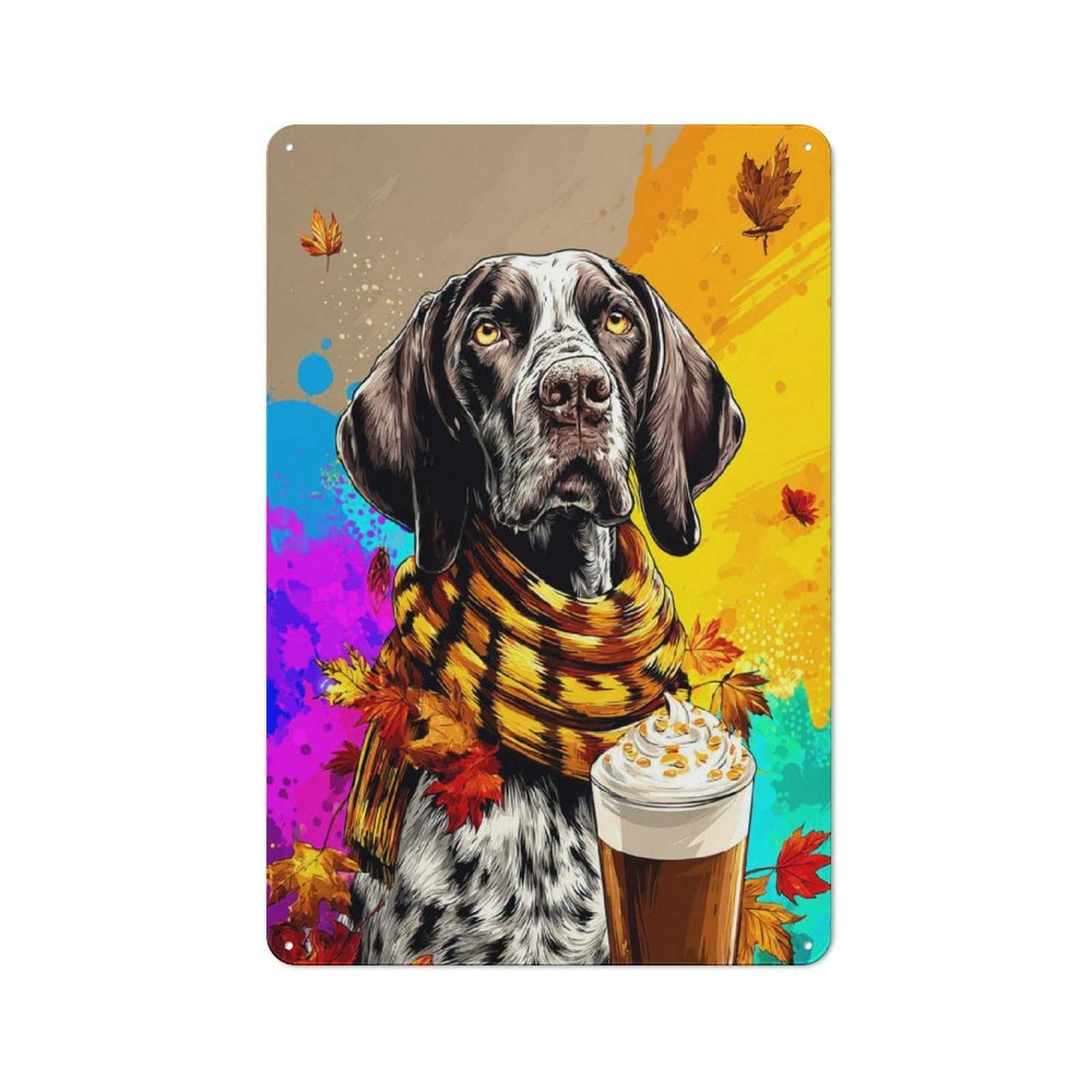 Junmoney Autumnal Dog With Pumpkin Spice Latte Metal Wall Art Sign 30X20cm, Modern Retro Urban Room Decor For Modern Home, Workshop, Office Or Cafe