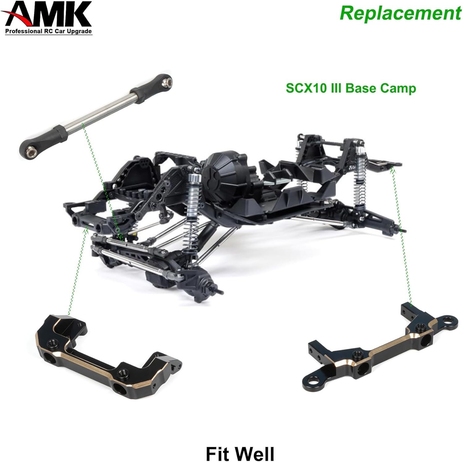 AMK SCX10 III Brass Bumper Munnt Black Coating, 158g Front Rear Bumper Set Complete with Steering Link for 1/10 RC Crawler Body LCG Chassis Axial SCX10 Upgrades