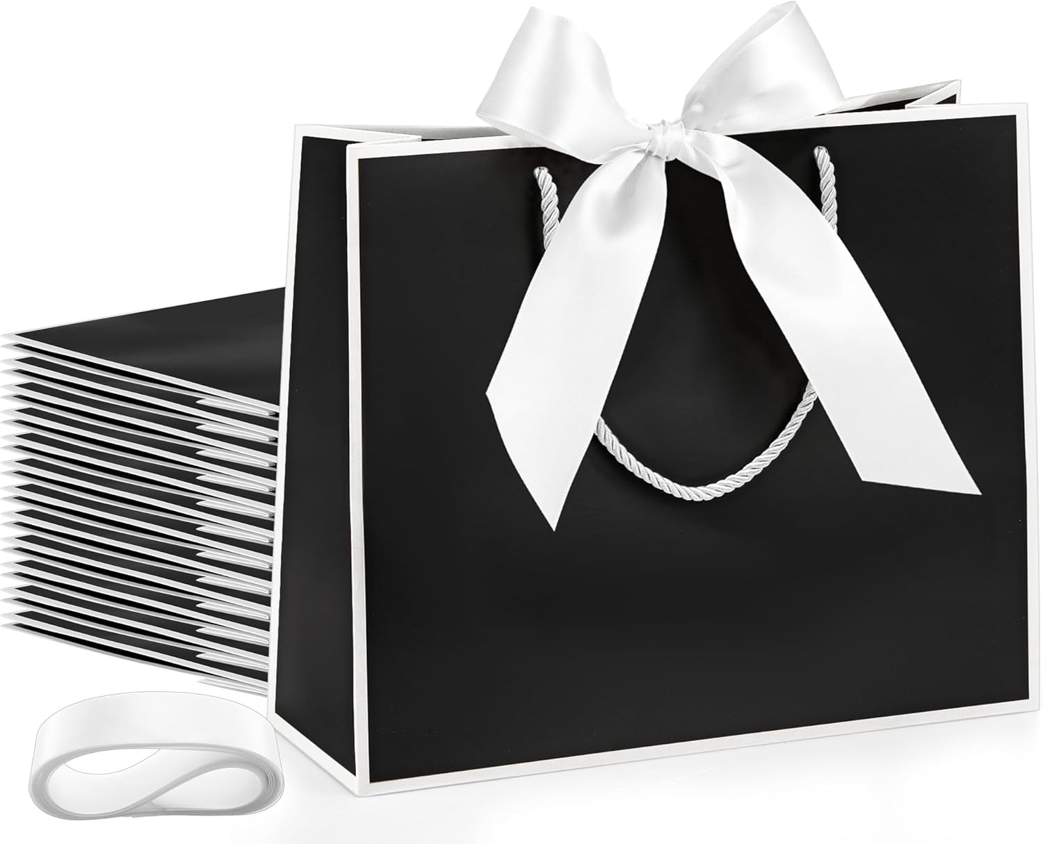 Silkfly Thank You Gift Bags with Handle 12x10x4'' Welcome Return Gifts Bag with Bow Ribbon for Wedding Bridesmaid Baby Shower Birthday Housewarming Employee Appreciation Day(Black and White,12 Pcs)
