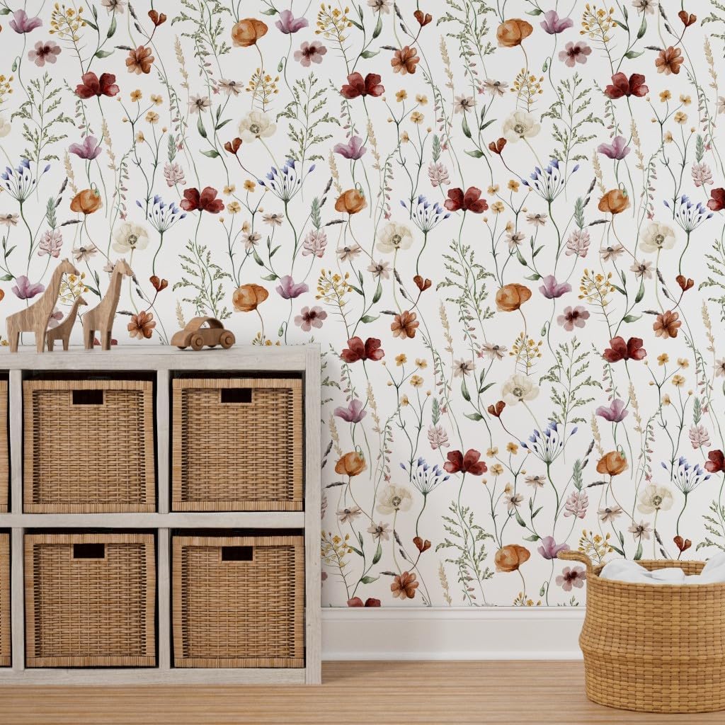Spoonflower Removable Wallpaper 6ft x 2ft - Meadow Vintage Floral Bohemian Summer Cottagecore Custom Pre-Pasted Wallpaper