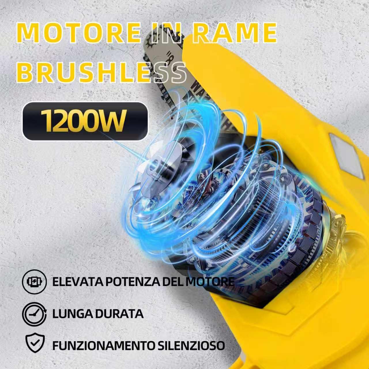 Mini motosega senza fili – Barre 8" e 6", lubrificazione automatica, catena di ricambio, motore brushless 1200W, 2 batterie 4000mAh – Per potatura alberi, giardinaggio e taglio legna