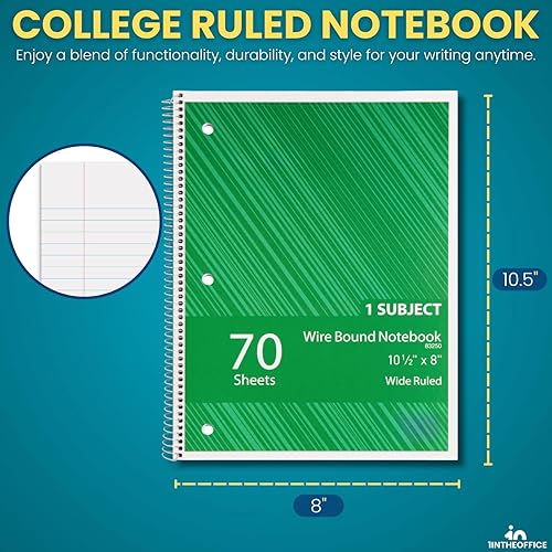 Miniatura 2 de 1InTheOffice Cuaderno de espiral con rayas universitarias de 10.5 x 7.5 pulgadas, cuadernos de 1 materia, cuadernos de espiral encuadernados con