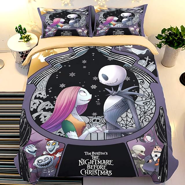 Nightmare Before Christmas Duvet Cover with 2 Pillowcases Cartoon Skull Bedding Set with Zipper Closure Soft Microfiber Bedding Set Double Size 200x200cm