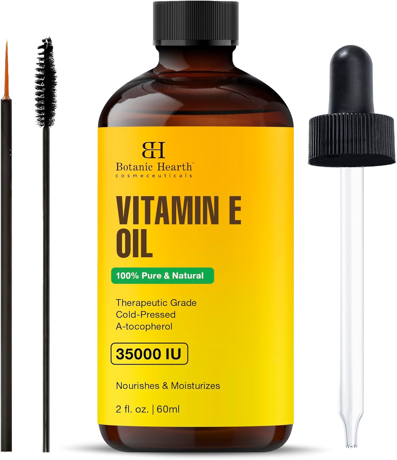 Botanic Fireplace Huile de vitamine E – 100 % pure et naturelle pour la croissance des ongles, des cheveux, des sourcils et des cils – 35 000 UI – Huile pour cheveux et corps avec brosse à sourcils et