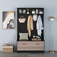 Vista 3 de Tangkula Hall Tree con perchero y banco de almacenamiento, perchero multifuncional con banco de entrada, 5 ganchos dobles, organizador independiente