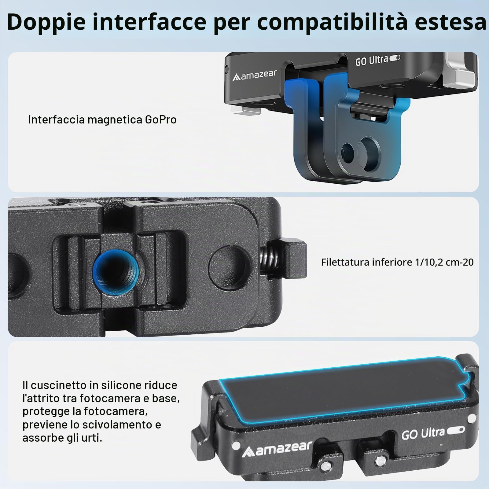 AMAZEAR Adattatore magnetico a sgancio rapido per fotocamera Insta360 GO Ultra, supporto base in lega di alluminio con filettatura da 6,35 mm per treppiede, bastone selfie, impugnatura, nero