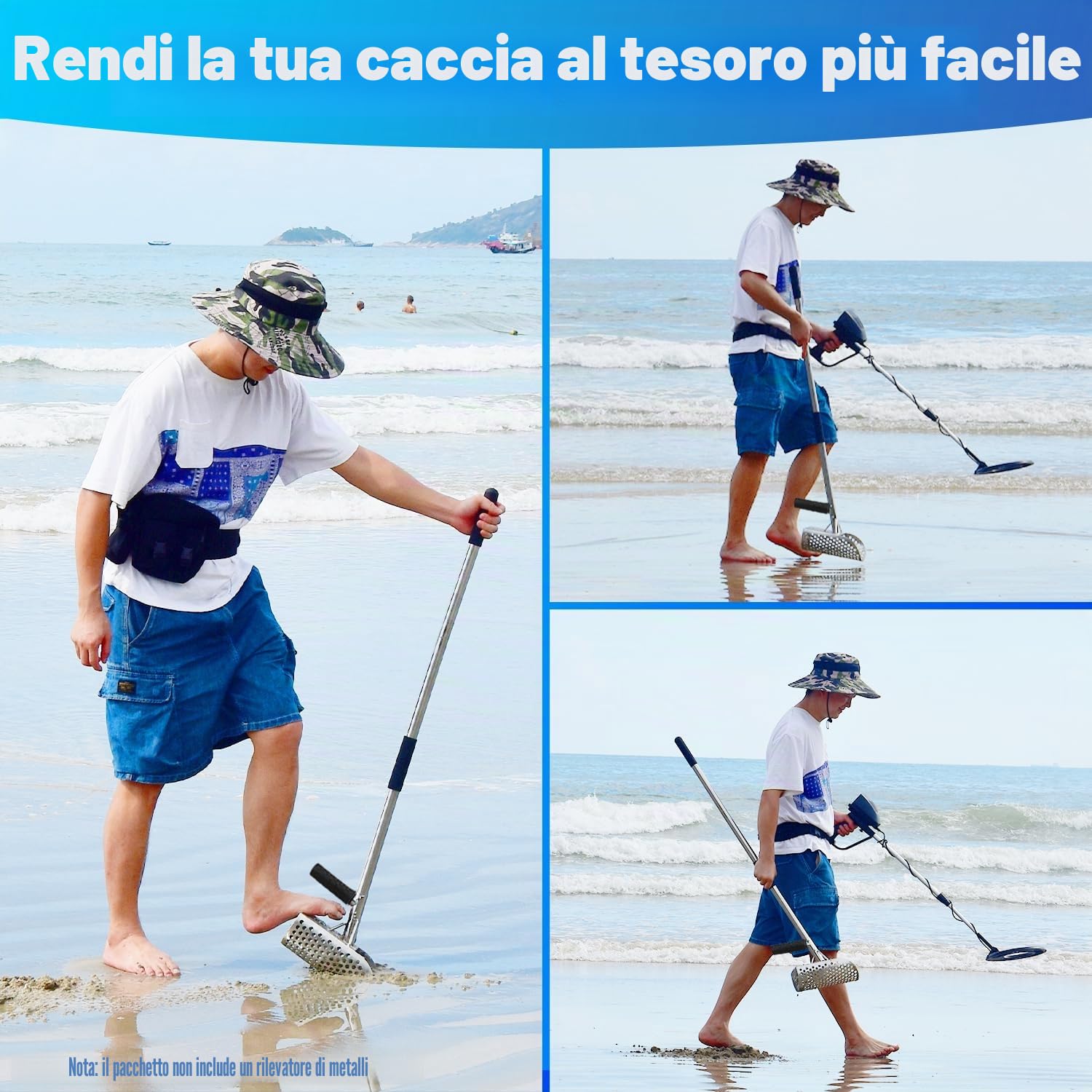 Cucchiaio di sabbia per il rilevamento dei metalli, paletta in acciaio inox con manico lungo, resistente e durevole, ideale per caccia al tesoro in riva al mare