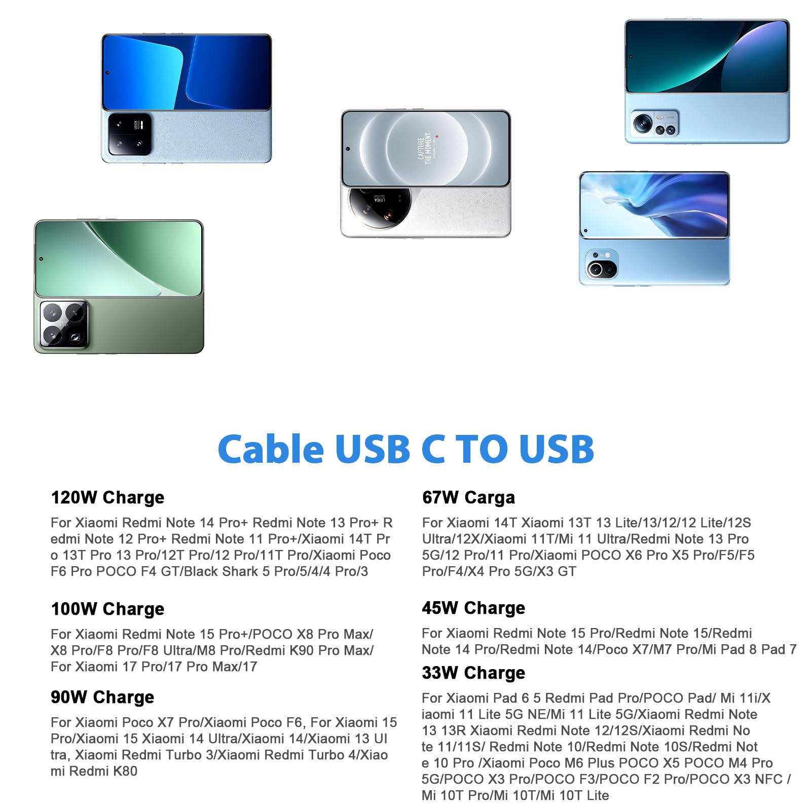 Cable USB C para Xiaomi Redmi Note 15 14 13 Pro 12S 11S,Carga Rápida 120W 6A USB a USB C Cable 1M,67W Carga Cable Tipo C USB para Xiaomi 17 Ultra 15 14T 13 Lite 5G Pad 8 7 para POCO X8 Pro X7 C75 C85