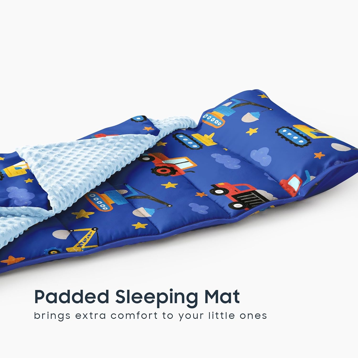 Wake In Cloud - Toddler Nap Mat with Pillow and Minky Fleece Blanket, for Kids Boys in Daycare Preschool Kindergarten, Roll Up Sleeping Bag, Cartoon Construction Car, Blue, Standard