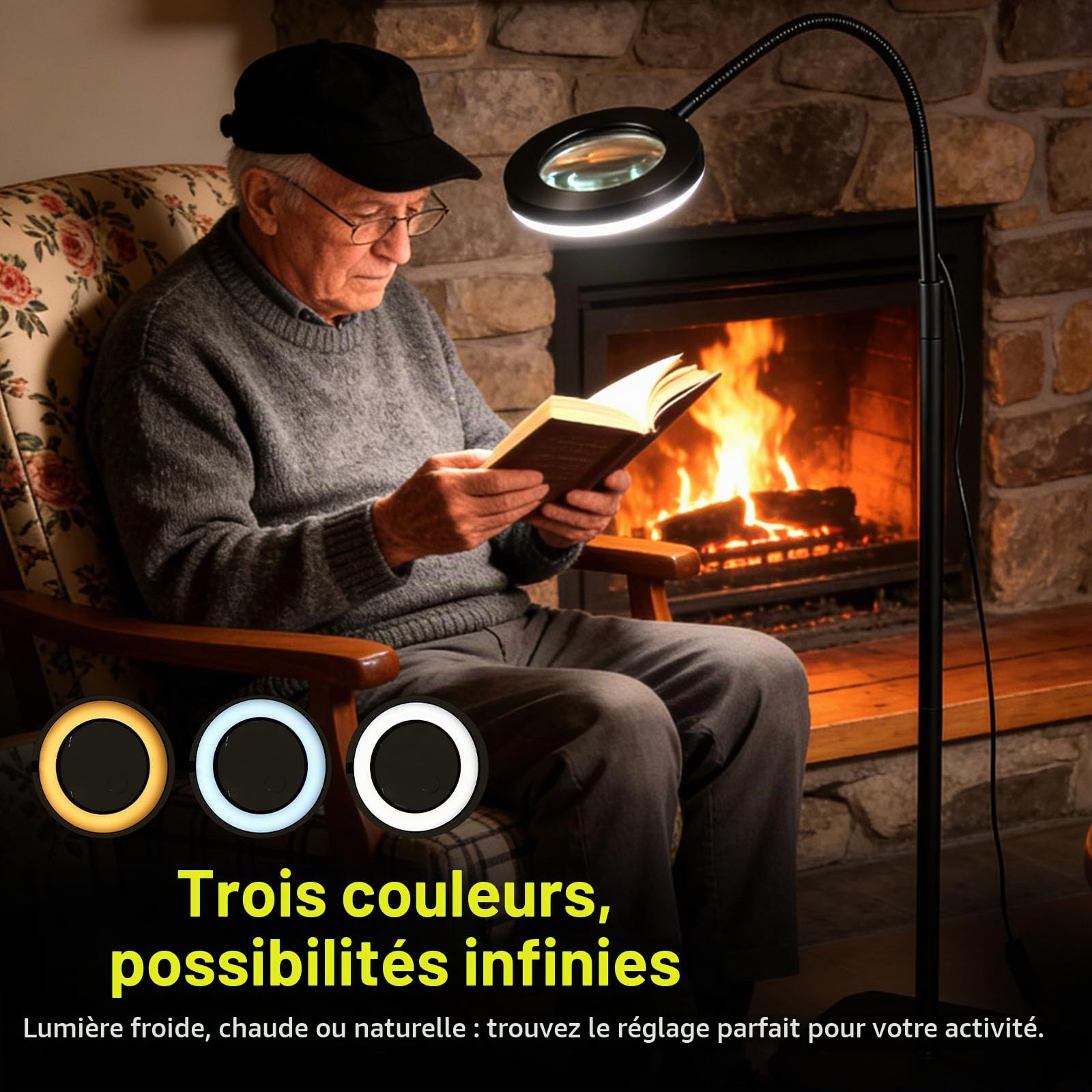 Loupe sur Pied 10x/20x avec Lumière et Support, 3-in-1 Grande Loupe Lecture pour Seniors, 5 Modes Couleur Gradable, & Pince & Socle, Lampe LED pour Lire, Coudre, Bricoler et Travaux Précision