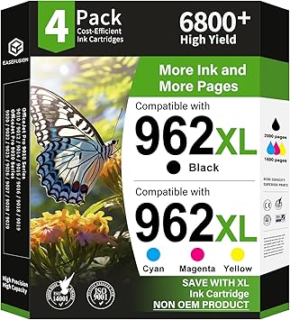 EaseFusion 962XL Replacement for HP 962XL Ink Cartridges Combo Pack HP962XL HP962 Work with HP OfficeJet Pro 9010 9015 9018 9020 9025 Printers Black/Yellow/Cyan/Magenta, 4 Pack