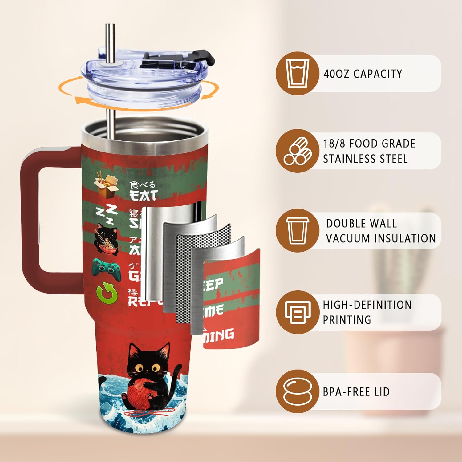 DUUV Cat Tumbler 40 Oz, Anime & Gaming Design, Stainless Steel Insulated Mug with Ramen and Gaming Controller, Thanksgiving Christmas Gift for Cat Lovers, Anime Fans, and Gamers, 1PCS - Image 4