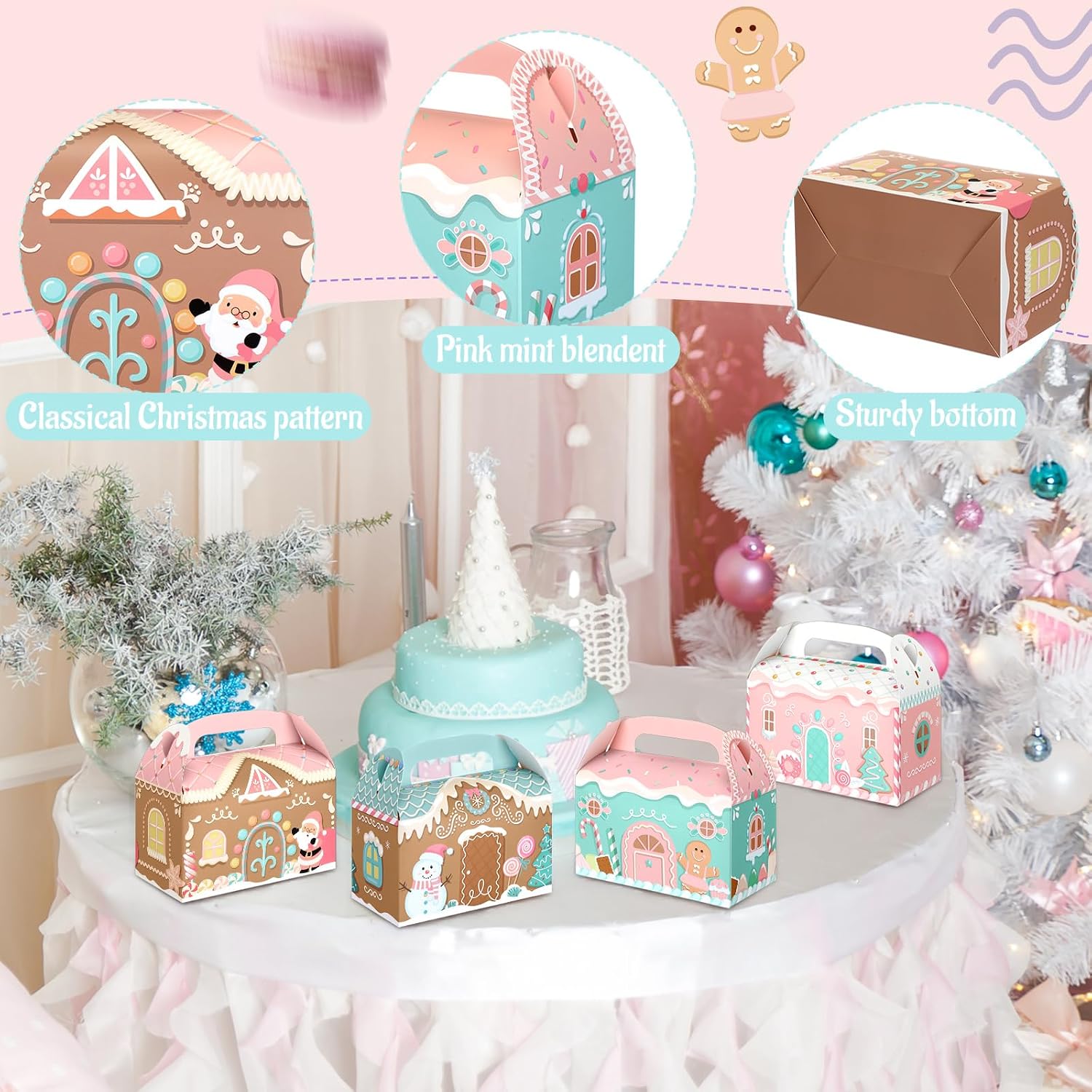 20 Pcs Pink Christmas Treat Boxes 3D Gingerbread House Cookie Boxes Cute Xmas Cardboard Gable Goodie Gift Boxes for Snacks Macaron Candy Party Favor Family Class Gifts Giving image 5