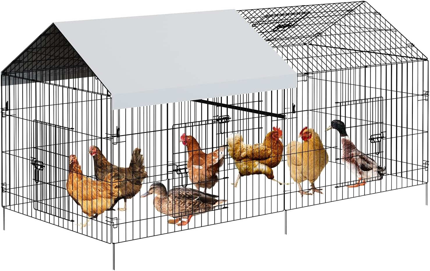 Metal Chicken Coop, Chicken Run for Yard with Cover, Outdoor Metal Chicken Cage with 4 Door and 1 Window for Outside Duck Rabbit Hen, 86"×40"×40"