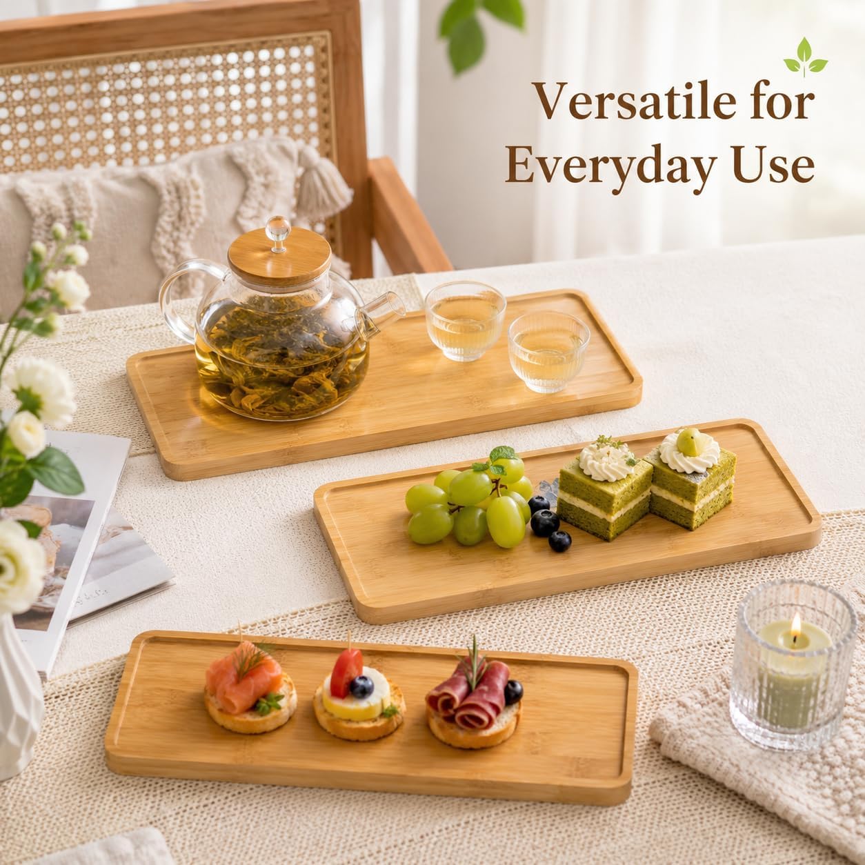 3 PCS Bamboo Vanity Tray, 11 x 4 Inch Bamboo Serving Tray Set with Raised Rim, Small Wood Organizer Trays for Coffee, Snacks, Dessert, Bathroom Vanity, Kitchen Counter, Desk Decor -Rectangular