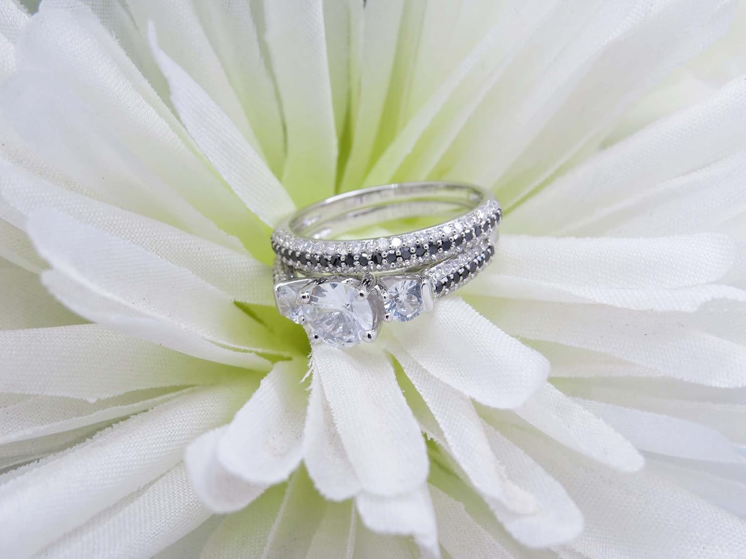 Dazzlingrock Collection Round White Sapphire, Black & White Diamond Bridal Engagement Ring Set, 10K Solid White Gold, Size 6.5