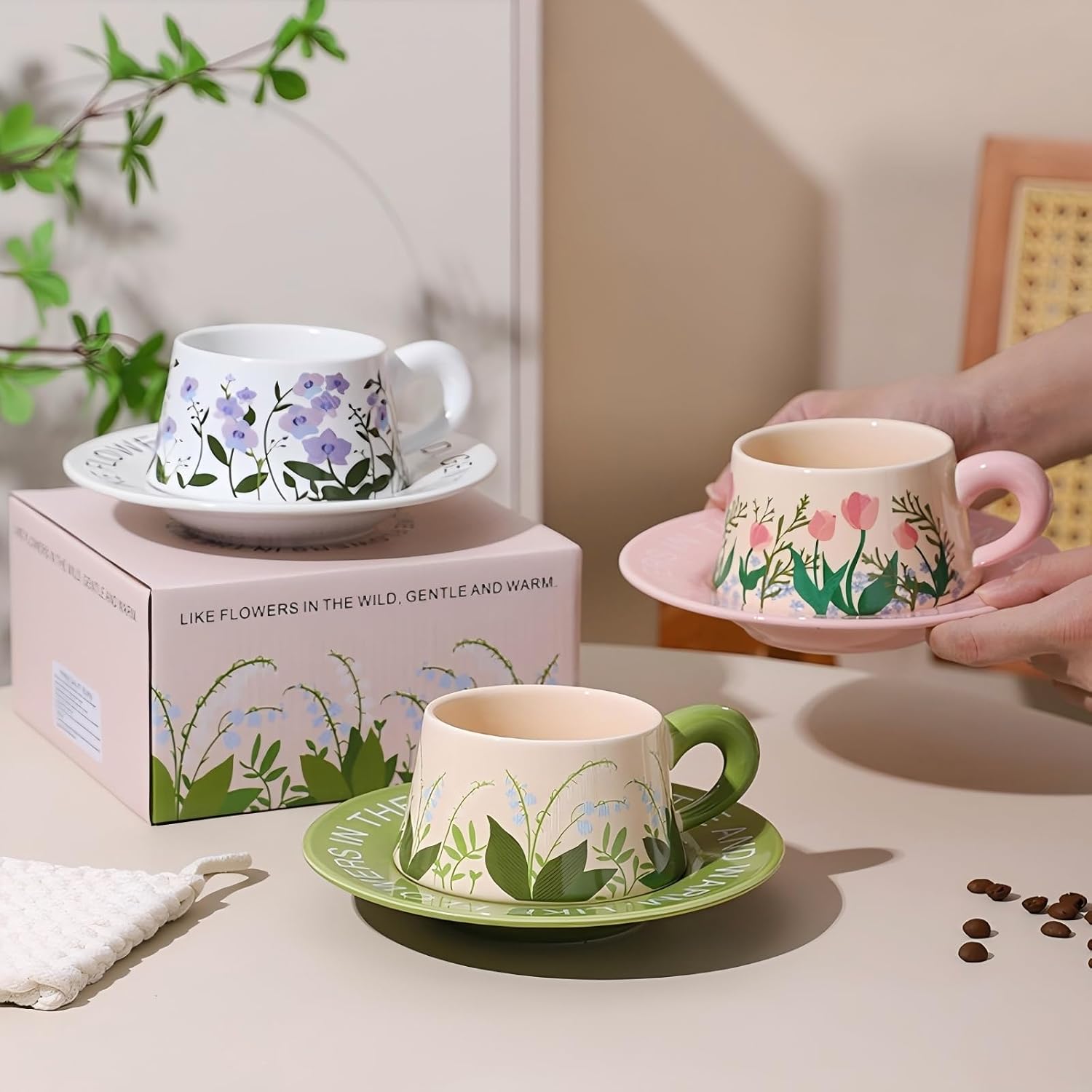 Cute Ceramic Coffee Mug and Saucer Set for Women, Spring Floral Embossed Design, 9.5oz/280ml, Perfect for Home, Office & Holiday Gifts (Pink Tulip)
