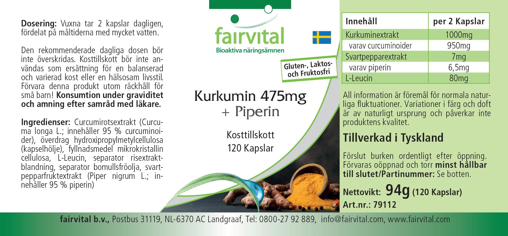 fairvital Gélules de curcuma, 500mg d'extrait de curcuma par gélule, 120 gélules, HAUTEMENT DOSÉES, curcumine 95% avec biopérine (pipérine)