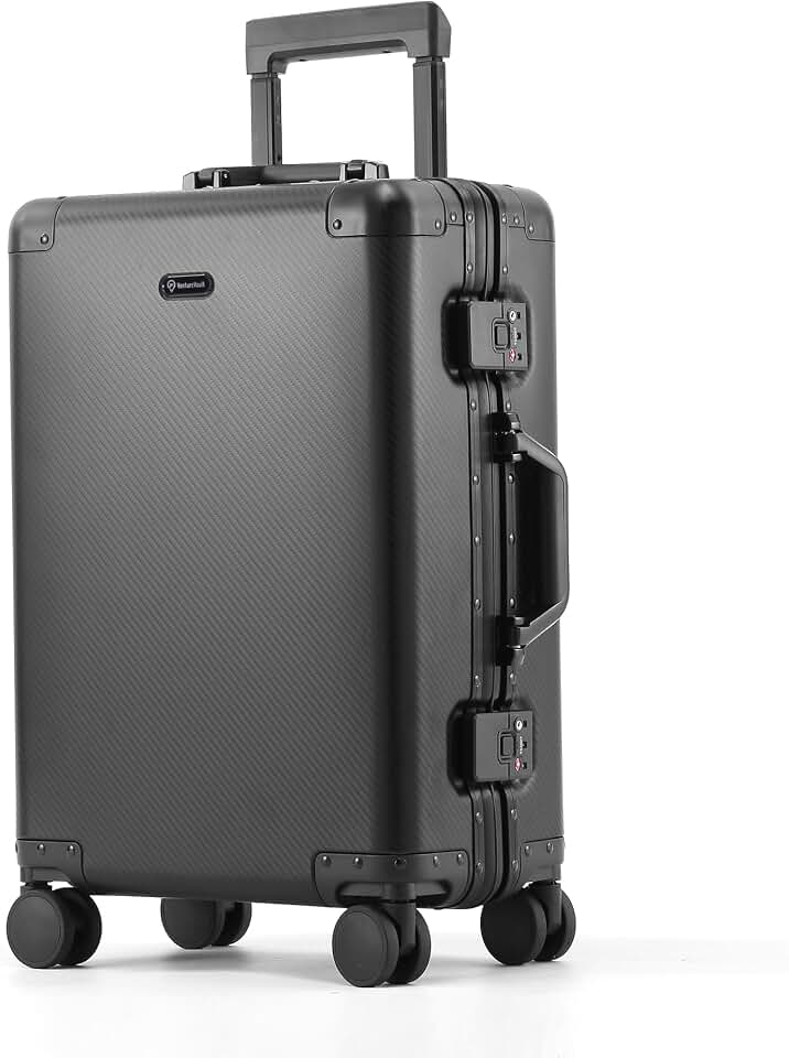 VentureVault All Aluminum Carry On Luggage 22x14x9 Airline Approved，Zipperless Luggage Premium Aluminum Suitcase Luggage, Hard Shell Carry On Luggage with Spinner Wheels (black, 20inch)
