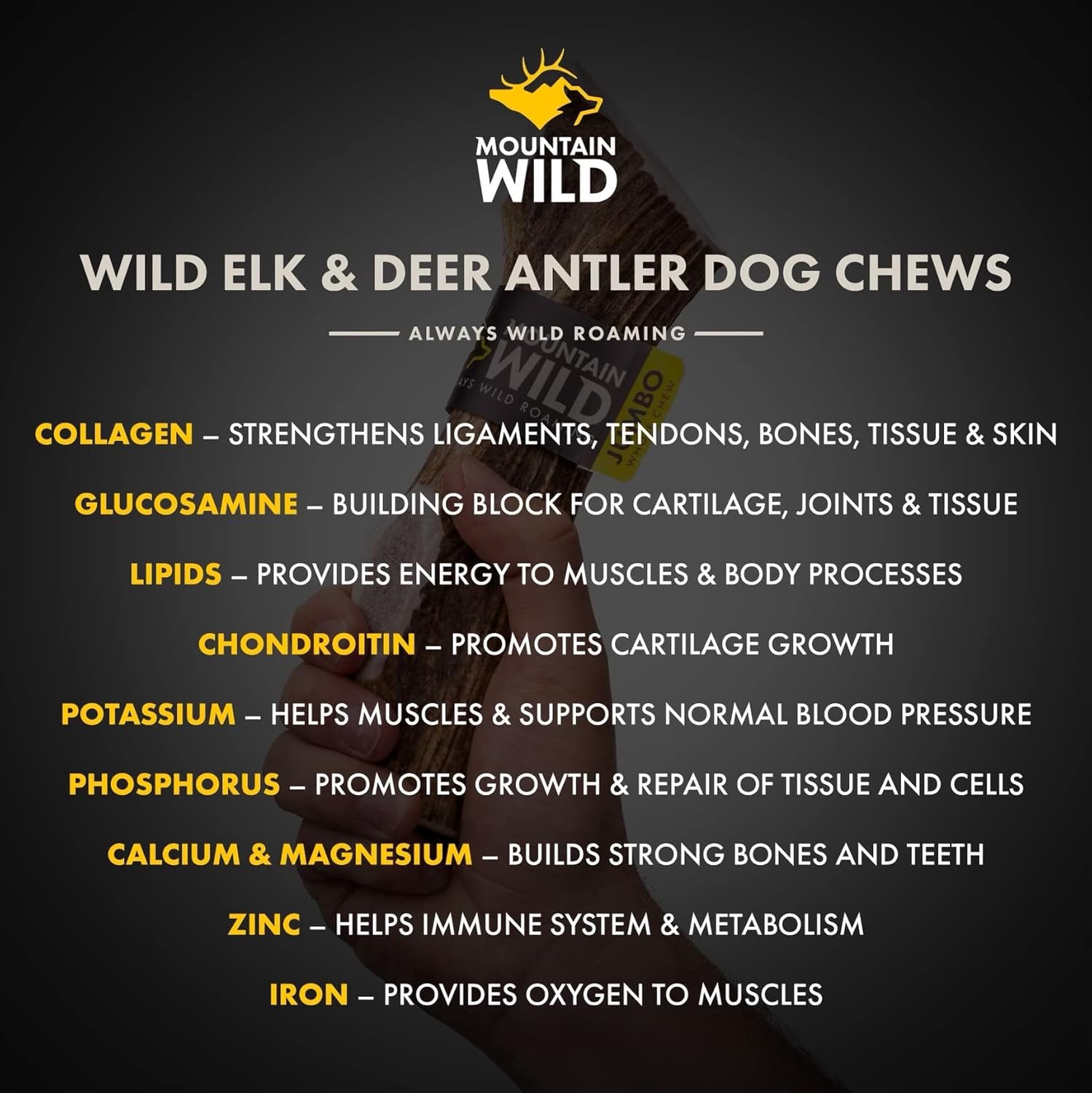 MOUNTAIN WILD Split Elk Antler Dog Chews for Aggressive Chewers – Naturally-Shed, Long-Lasting, Odorless, Mineral-Rich – No Fillers, No Preservatives – Supports Dental Health – Large Breeds (Jumbo)