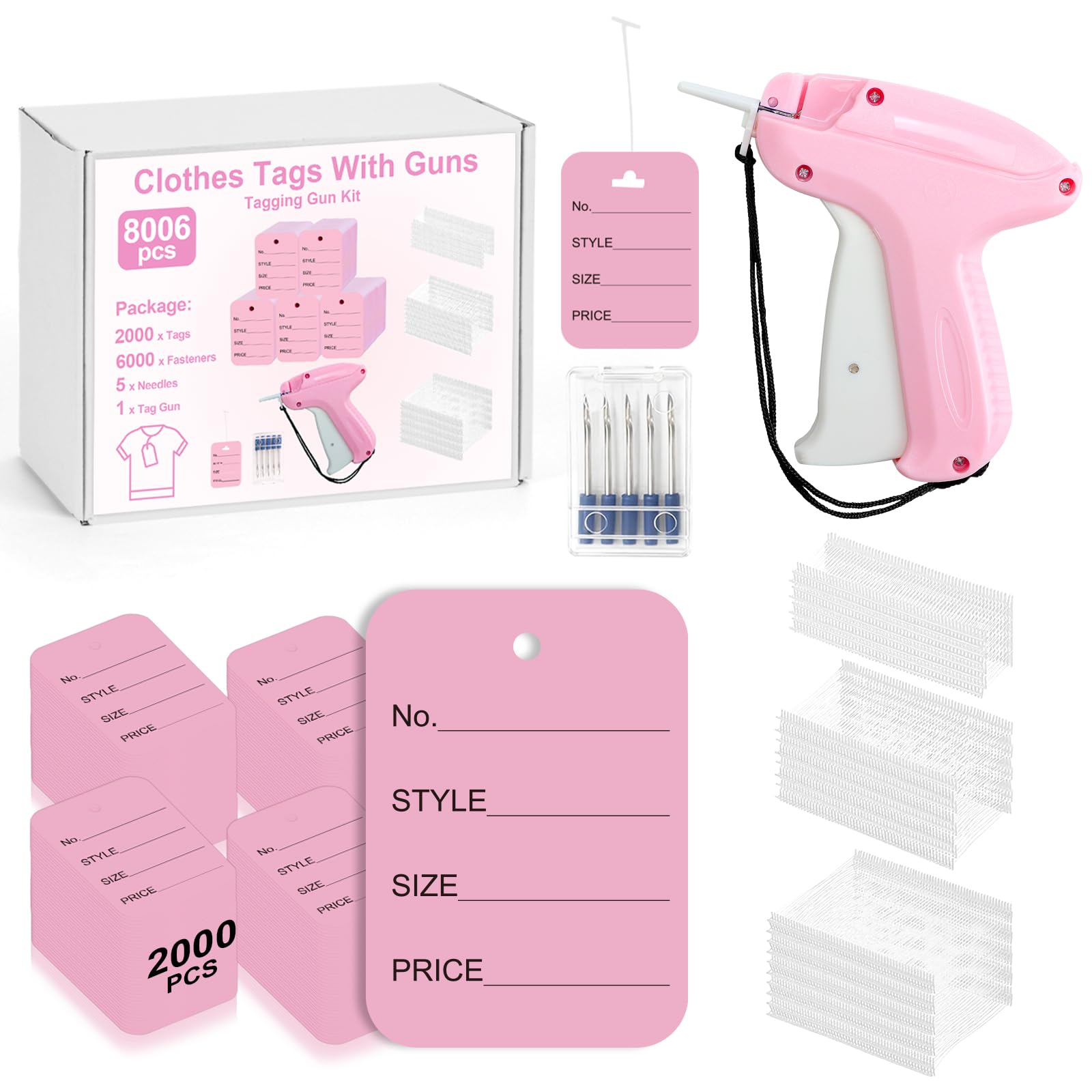 8006 PZ Cartellini Prezzi con Pistola Set per Abbigliamento 1000 Cartellini Prezzo Indumenti Rosa Prezzo Pistola con 5 Aghi 0,98/2/2,95 Pollici 3000 Chiusure in Plastica Barbs Etichette Marcatura