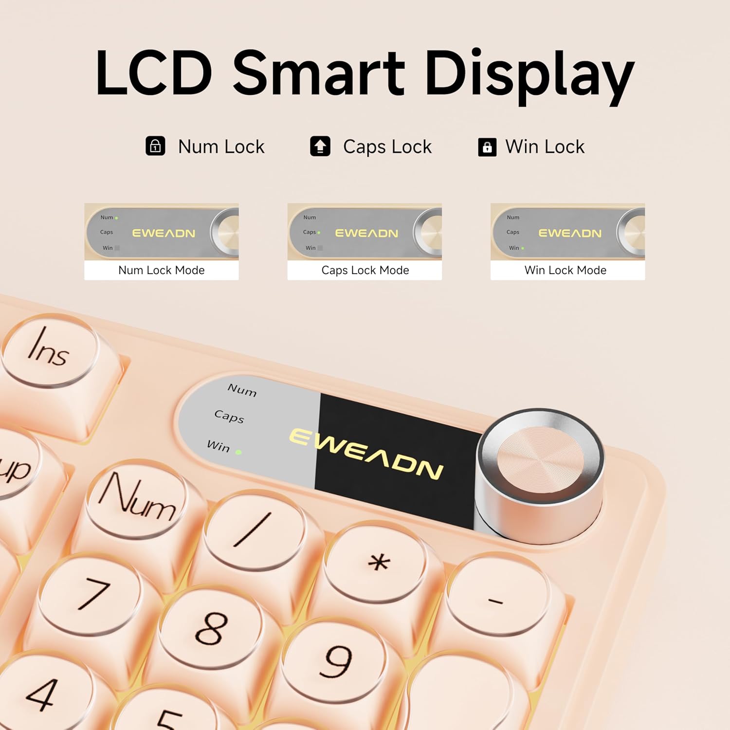 Inteligentny wyświetlacz LCD pokazujący wskaźniki Num Lock, Caps Lock i Win Lock