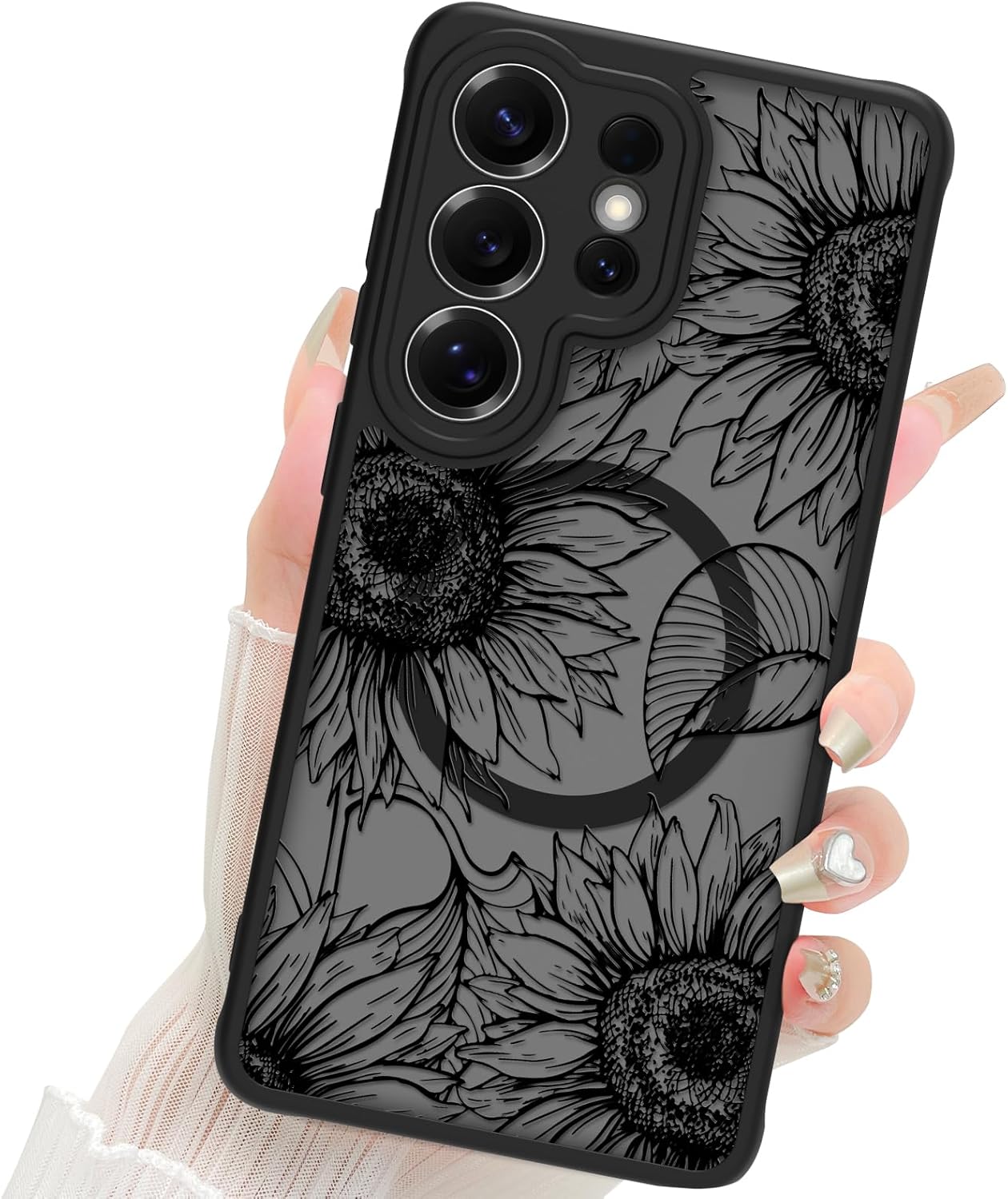 Fiyart Designed for Samsung Galaxy S26 Ultra Matte Flowers Design Compatible with MagSafe Charging,Cute Sunflowers Anti-Scratch Translucent Phone Cover for Women Girls 6.9"-Black