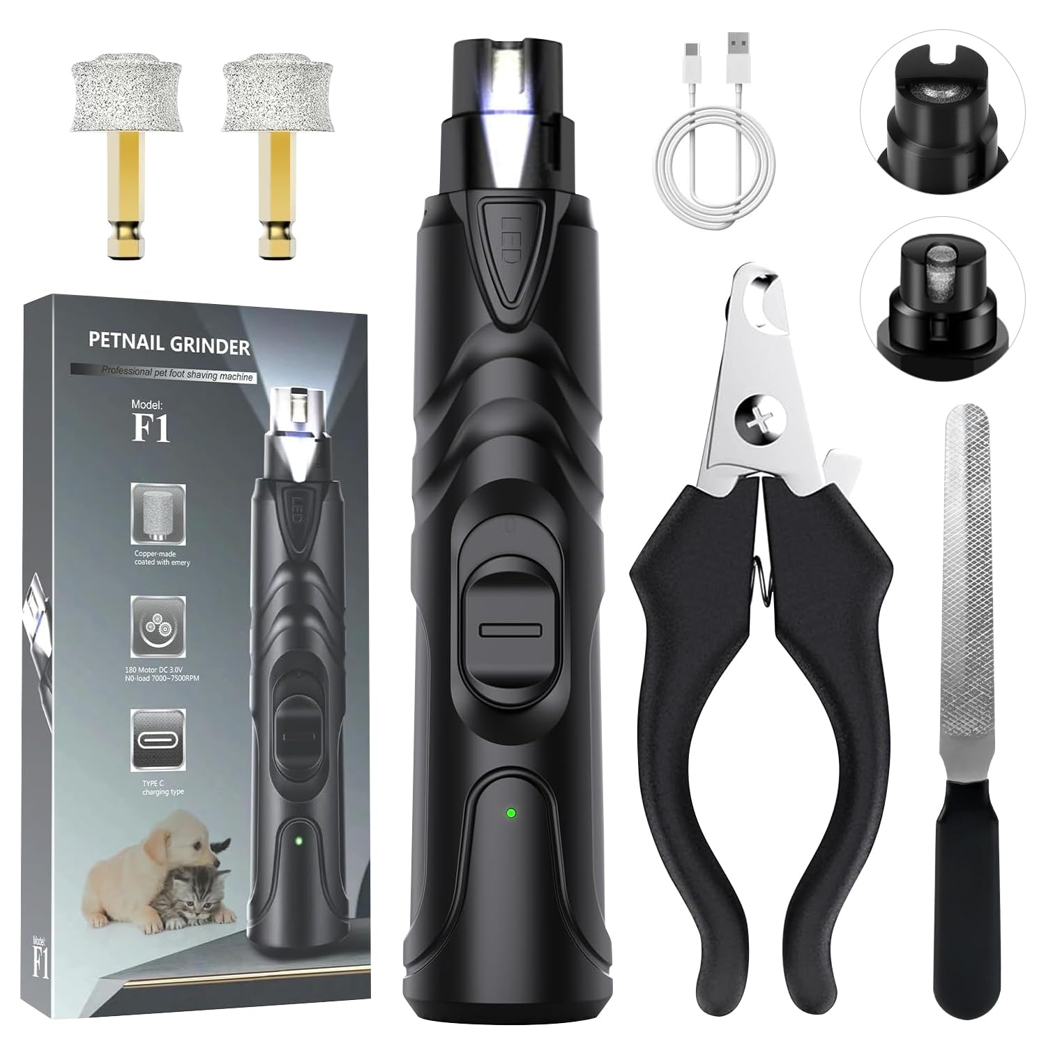 OWill Coupe Ongle Chien Electrique avec Coupe Griffes Chien, Ponceuse à Ongles, Lime pour Chiens et Chats, Lumière LED, Recharge