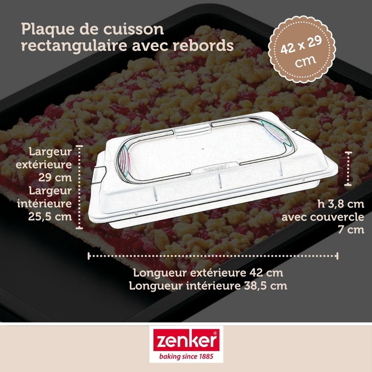 Zenker 7903 plaque de cuisson avec couvercle, plaque pâtisserie four, boite de transport gâteau, boite gâteau rectangulaire, Acier inoxydable, 42 x 29 x 7,5 cm
