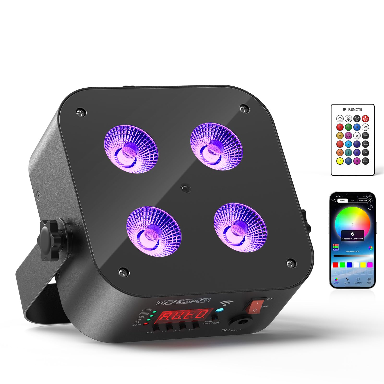 Akku LED par licht 4x18 W RGBWA UV 6-in-1 Wiederaufladbarer Bühnenlicht disco Uplights mit APP/DMX/Fernbedienung Kontrollmethoden LED par Scheinwerfer für DJ party Hochzeits Geburtstags (1)