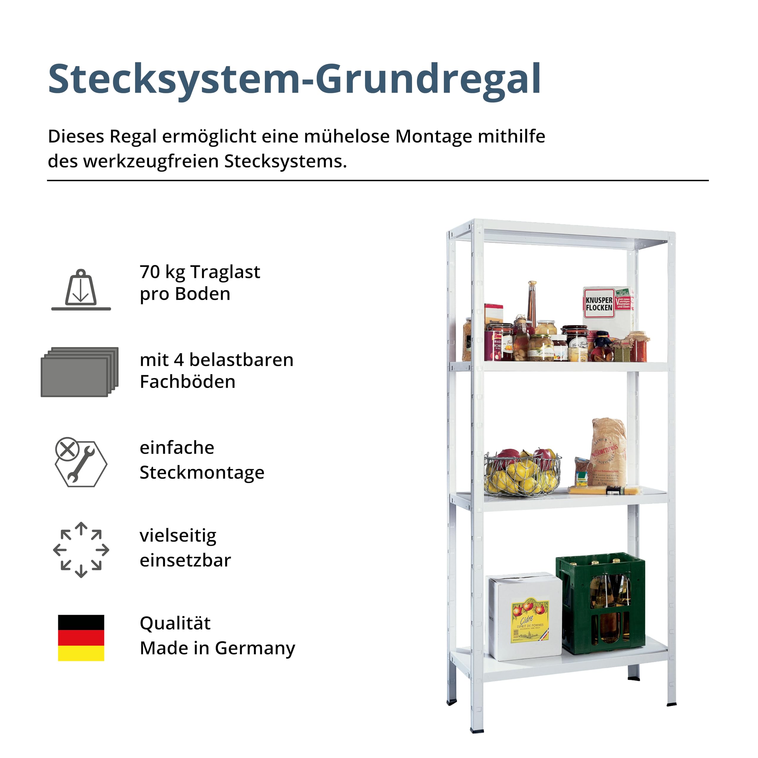 SCHULTE Regalwelt Steckregal mit 4 PowerMAX Fachböden, 70 kg Tragkraft, 200x100x50 cm (HxBxT), weiß, Lagerregal, Werkstattregal, Kellerregal, Garagenregal, Metallregal