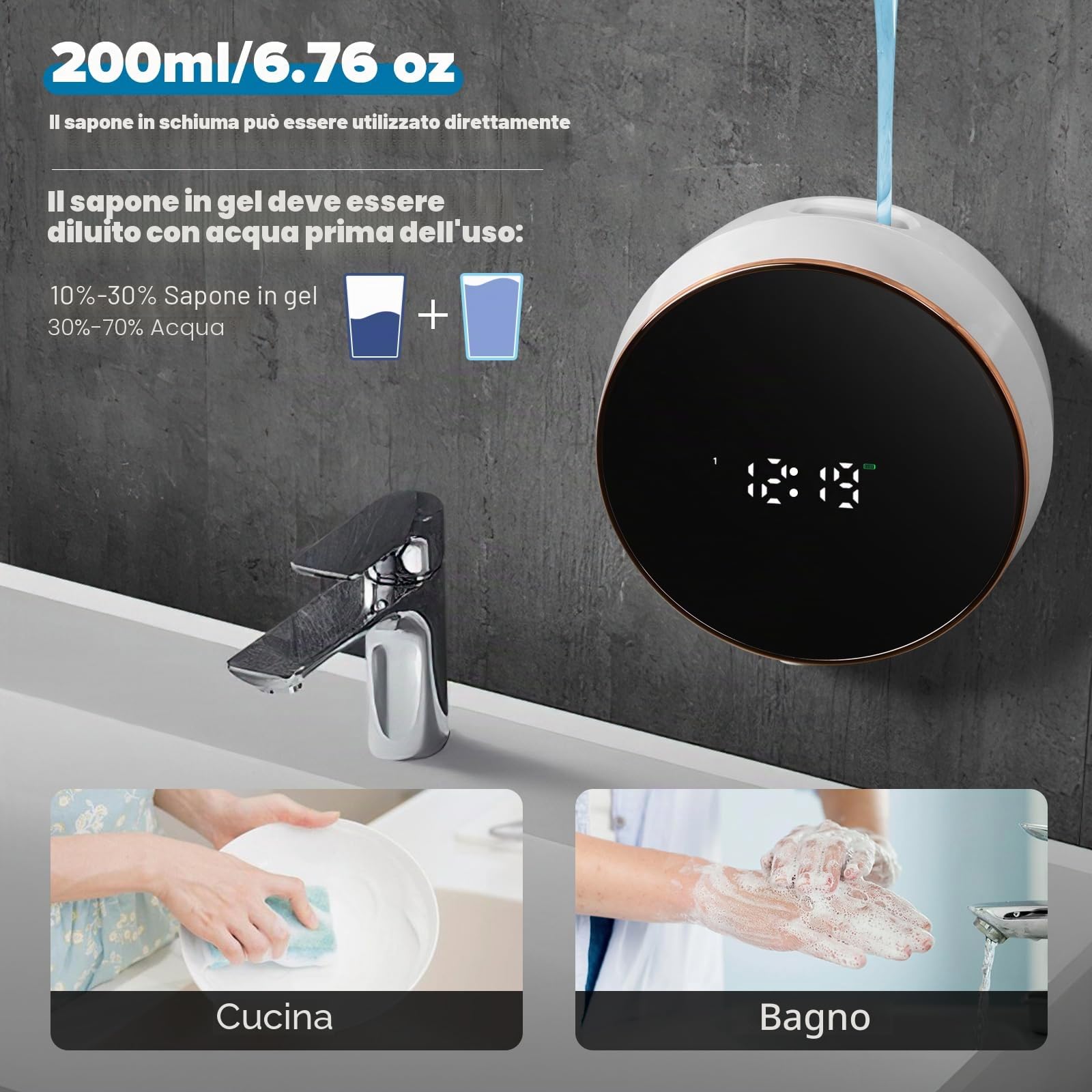 Monstake Dispenser Sapone Automatico Schiuma Muro USB Ricaricabile 350ML - Per Cucina, Bagno, Hotel - Bianco