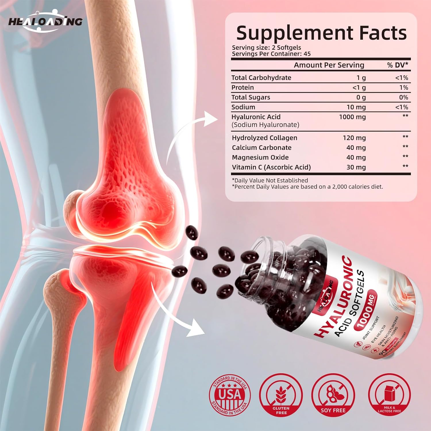 Hyaluronic Acid Supplements 1000mg Softgels: Joint Supplements for Men Hyaluronic Acid for Skin & Joint Hydration Non-GMO and Gluten Free - Image 2