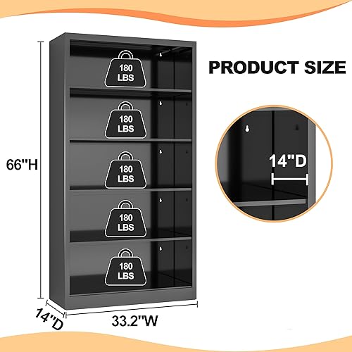 Miniatura 3 de Estantería de metal de 66 pulgadas de alto, 5 estantes negros con estantes ajustables, estantes grandes y estanterías, organizador de almacenamiento