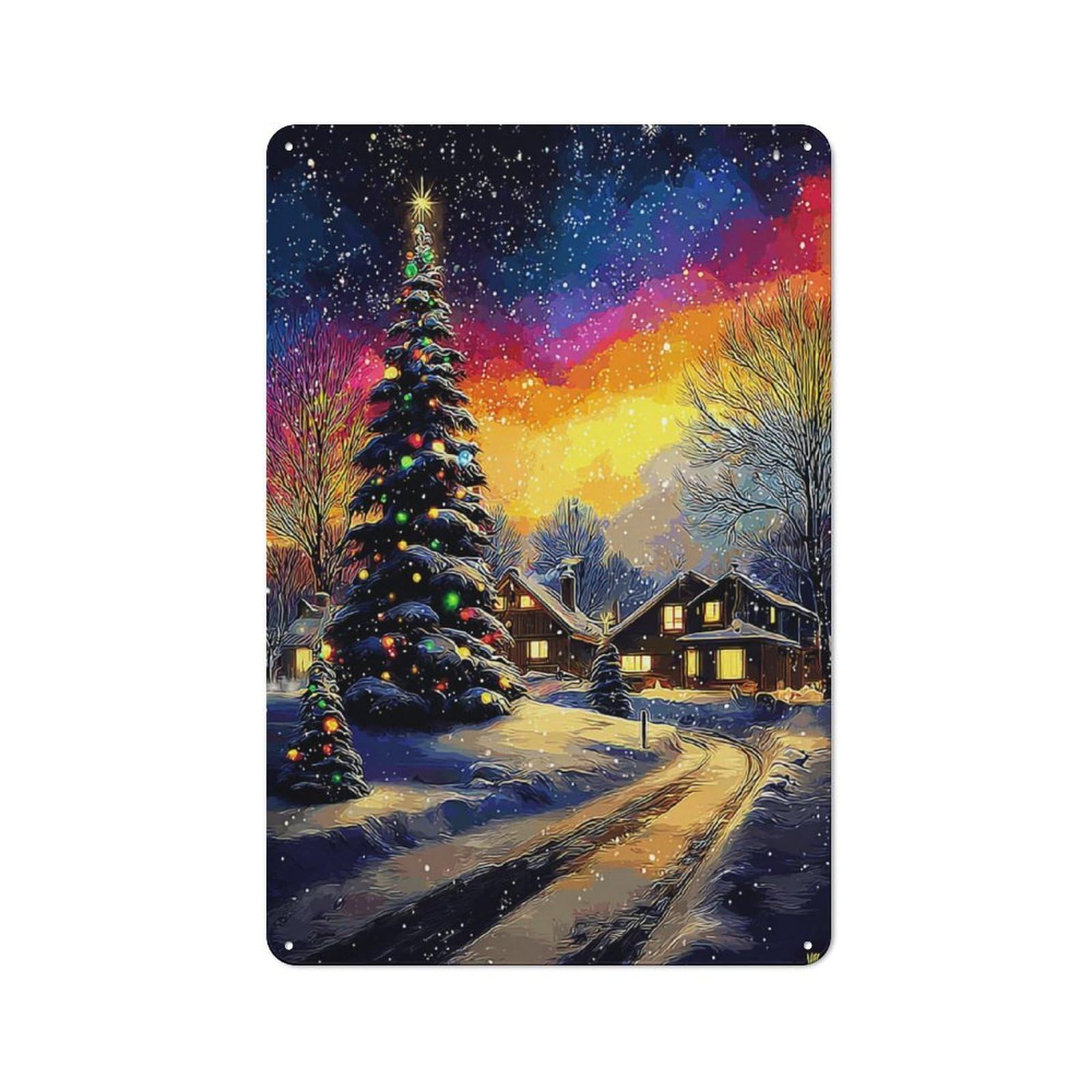 Junmoney Christmas Night In The Village Vintage Tin Sign With Design 30X20cm, Vintage Cafe Wall Decor For Coffee Bar, Kitchen, Bistro Or Tea Corner