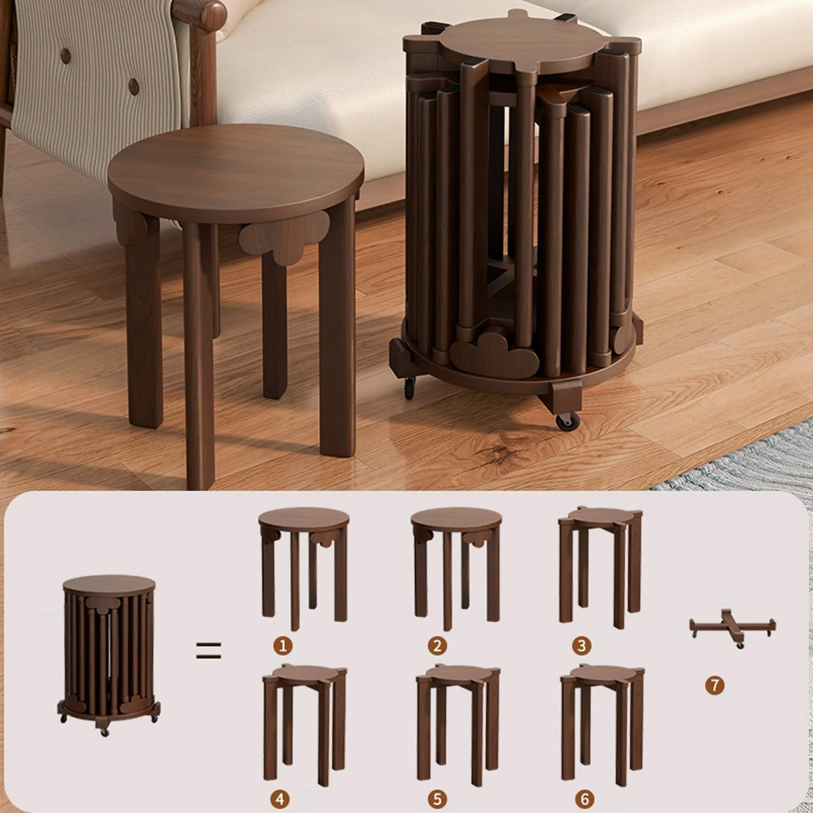 Juego de 6 Taburetes Apilables de Madera con Ruedas Silenciosas de 360° for Comedor, Dormitorio, Sala de Estar, Sofá y Mesa Auxiliar.